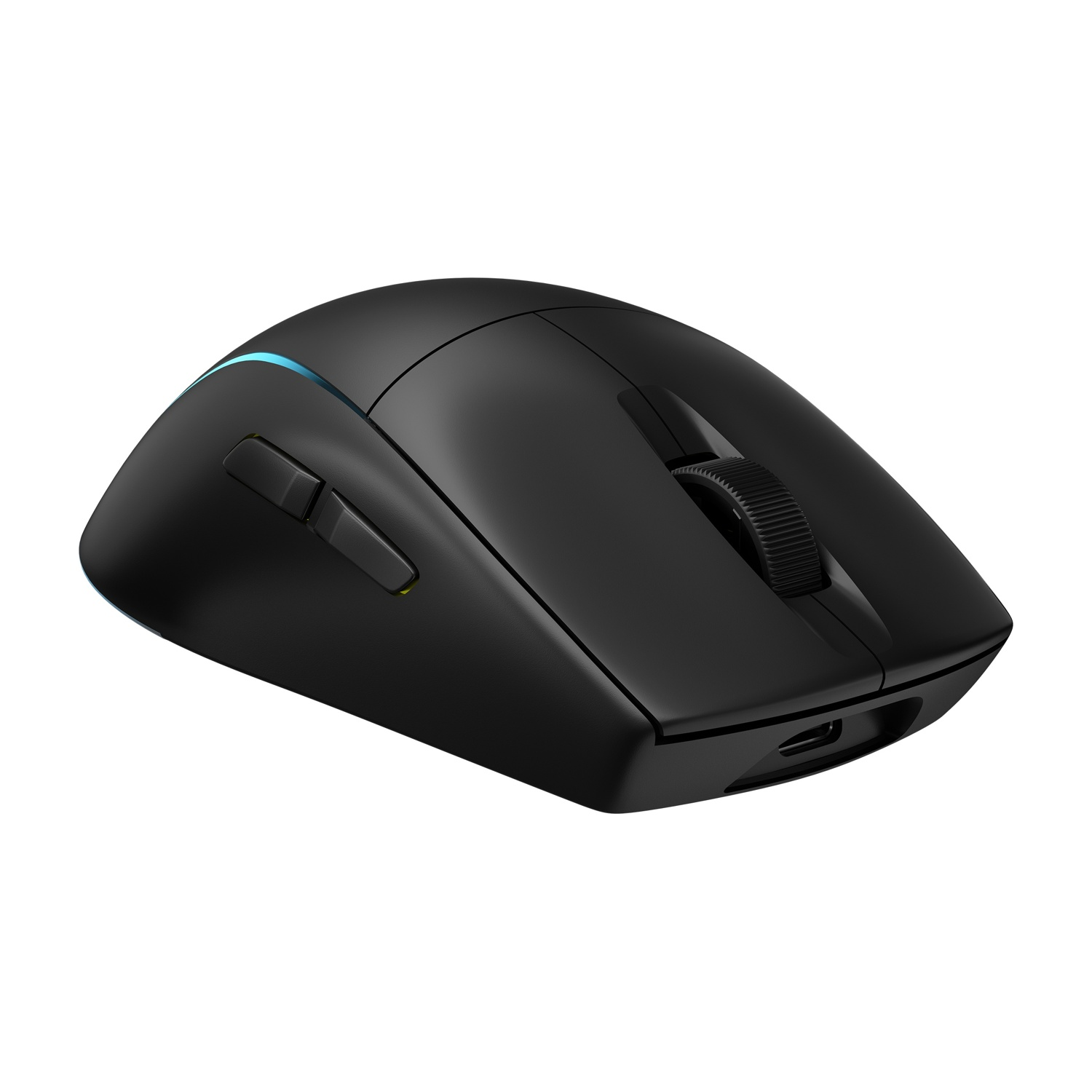 Mouse wireless nero con rotella di scorrimento e pulsanti laterali su sfondo bianco.