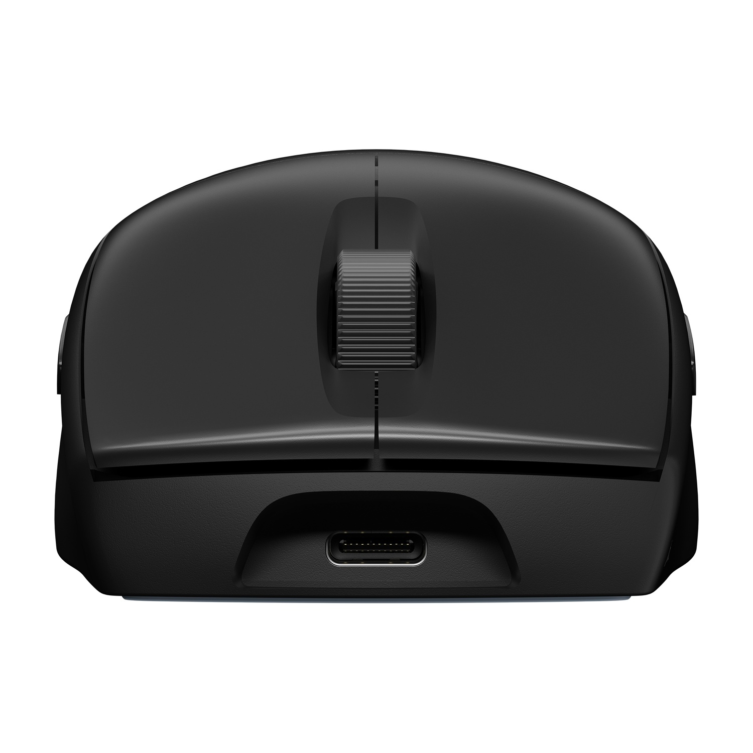 Un mouse wireless nero con una rotella e una porta USB-C.