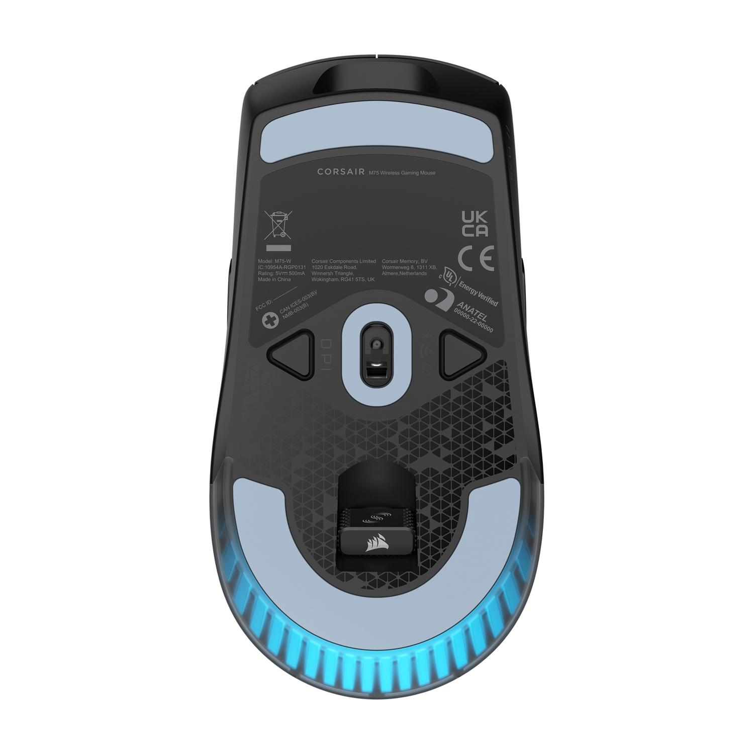 Mouse da gioco wireless Corsair nero con dettagli azzurri e grigi sul fondo.