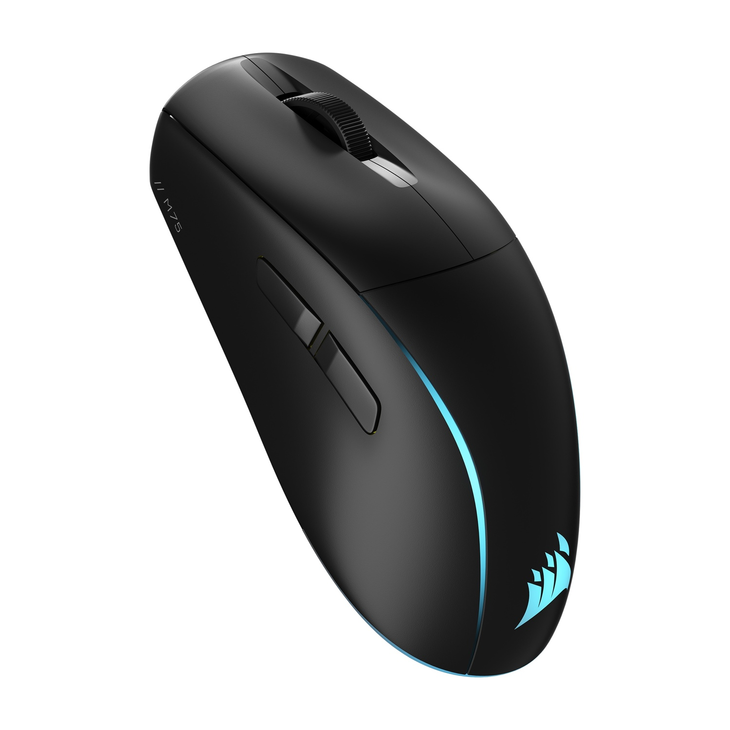 Un mouse wireless nero con una luce blu.