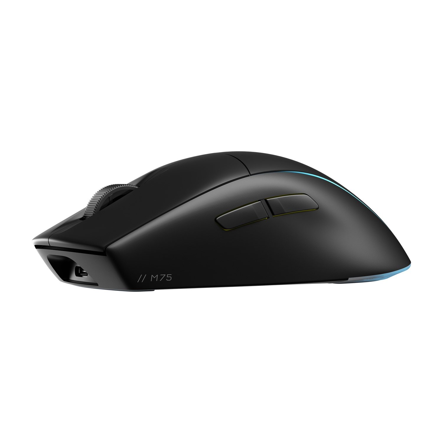 Un mouse nero con due pulsanti e una rotella, su sfondo bianco.
