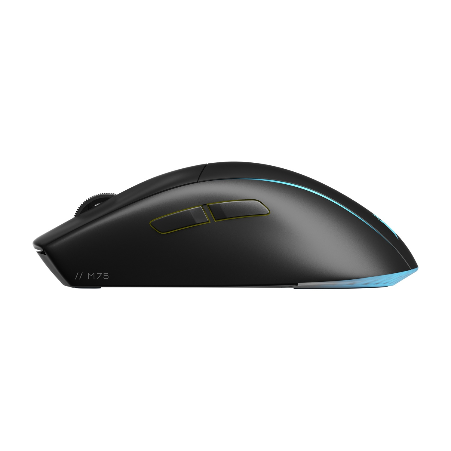 Mouse wireless nero, vista laterale. Presenta pulsanti, rotella e luci blu e gialle.