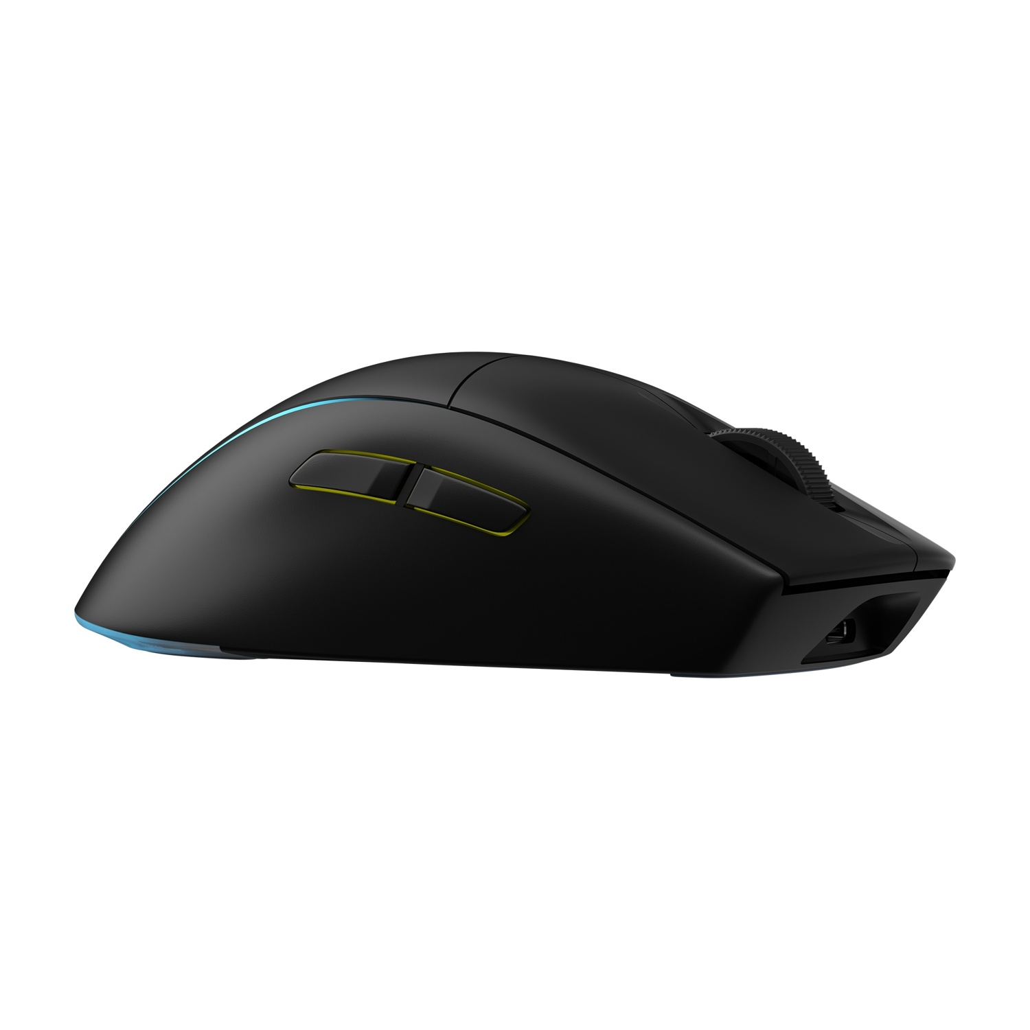 Mouse wireless nero, con rotella di scorrimento, pulsanti laterali e design ergonomico ed elegante.