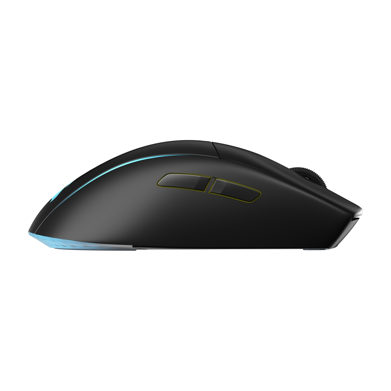 Mouse da gaming nero con dettagli blu e gialli, visto di lato.