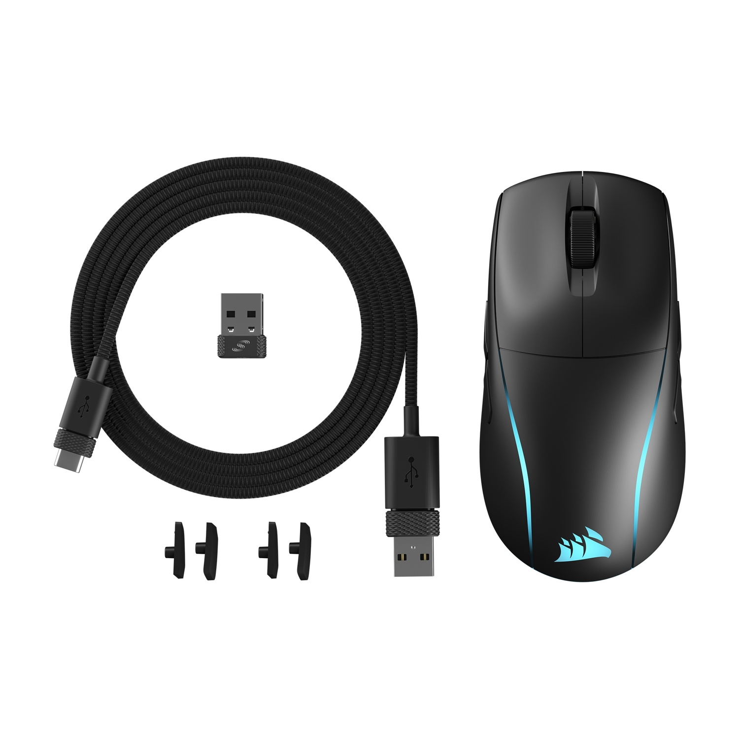 Mouse da gioco nero, cavo e ricevitore. Mouse con accenti di luce blu. Accessori inclusi.