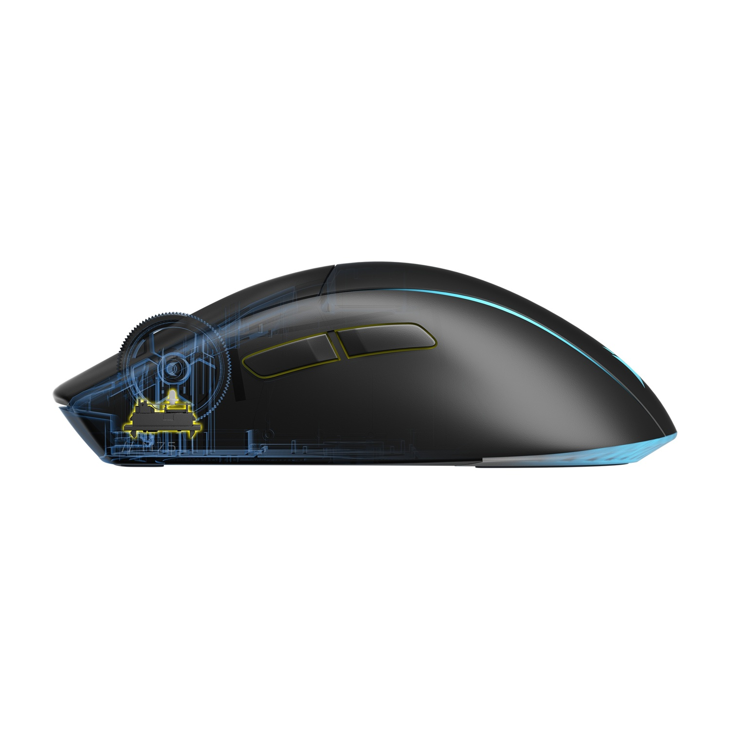 Mouse nero con dettagli blu e gialli. I meccanismi interni sono visibili.