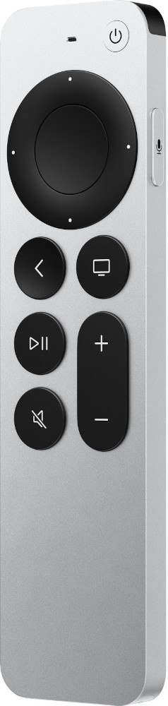 Silver remote control. Black circular buttons. Power, volume, and mute buttons visible.