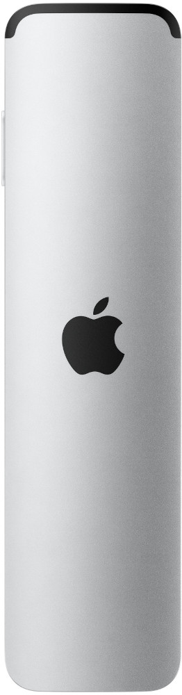 Silver Apple TV remote with black Apple logo on it. The remote is cylindrical.