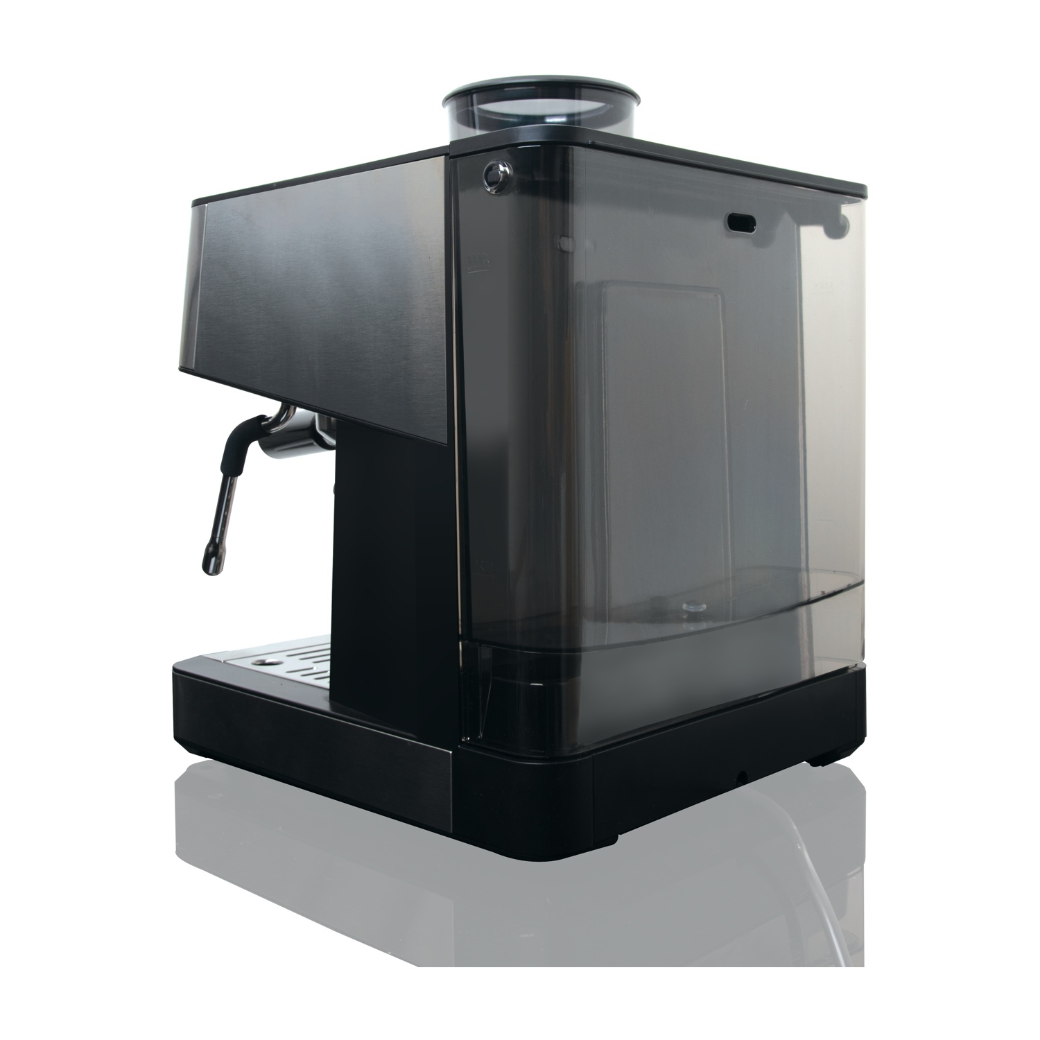 Macchina per caffè espresso nera con serbatoio dell'acqua trasparente. Ha un beccuccio argentato.