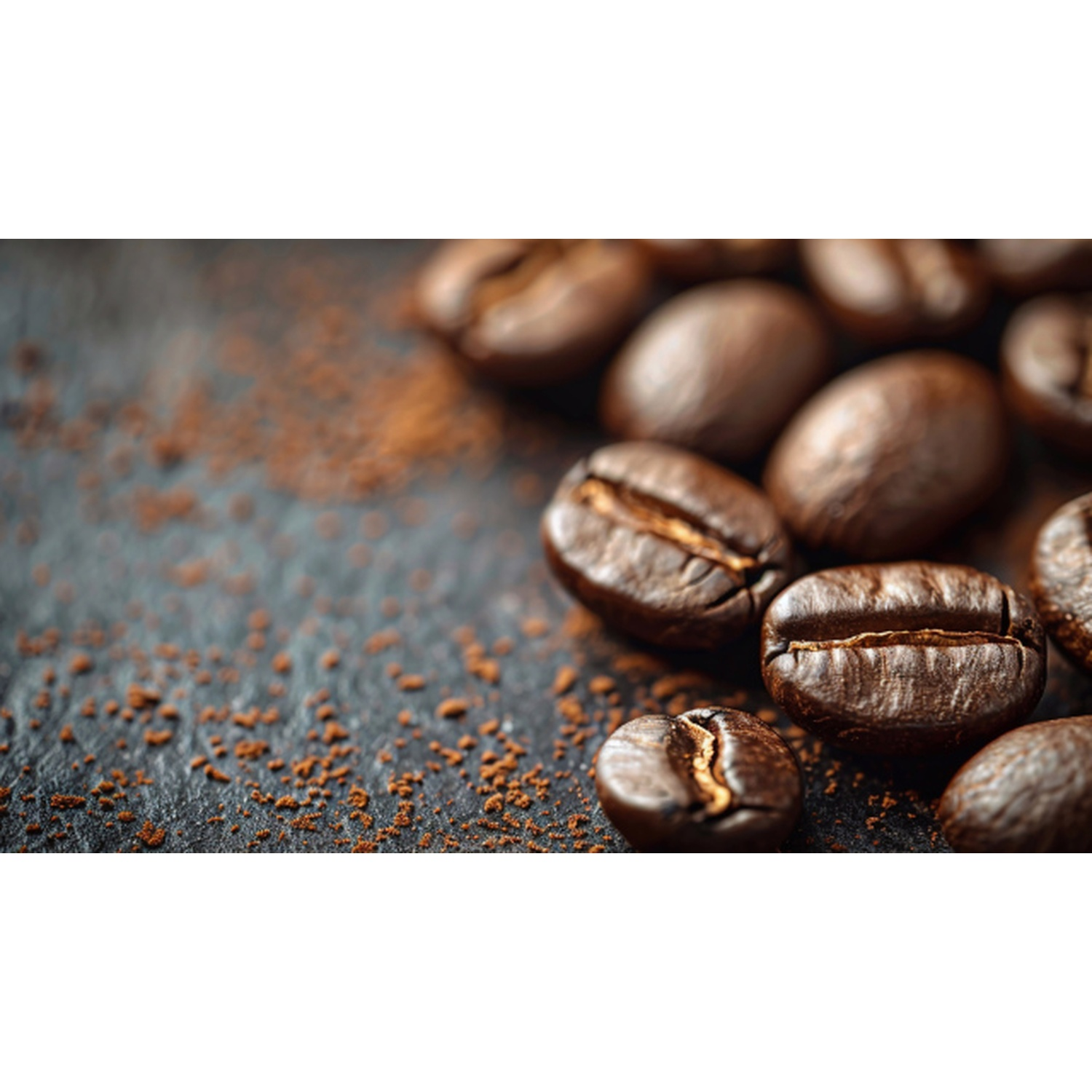 Primo piano di chicchi di caffè tostati con fondi di caffè sparsi su una superficie scura.