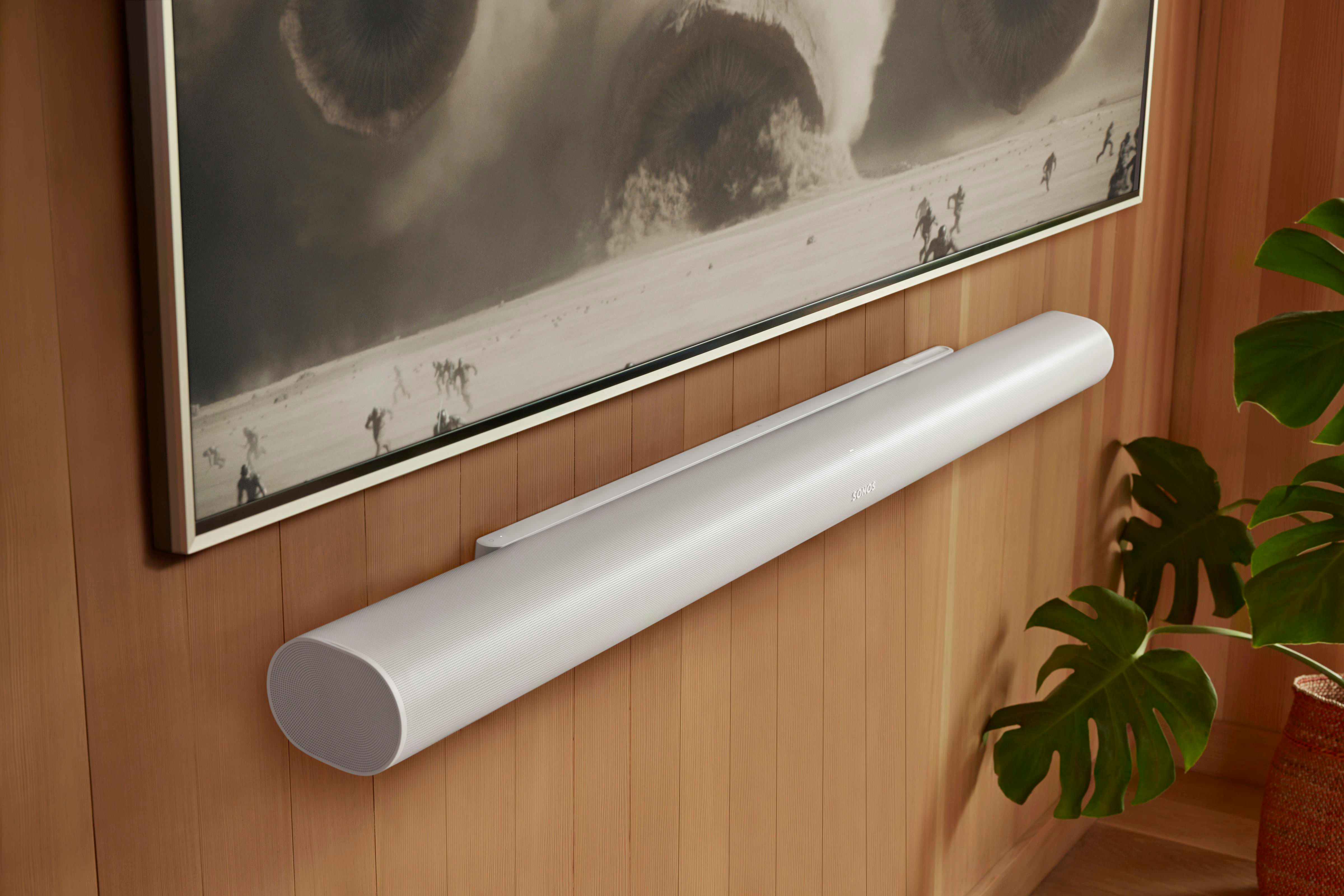 Eine weiße Soundbar an einer Holzwand befestigt. Ein Fernseher ist oben. Eine Pflanze ist rechts.