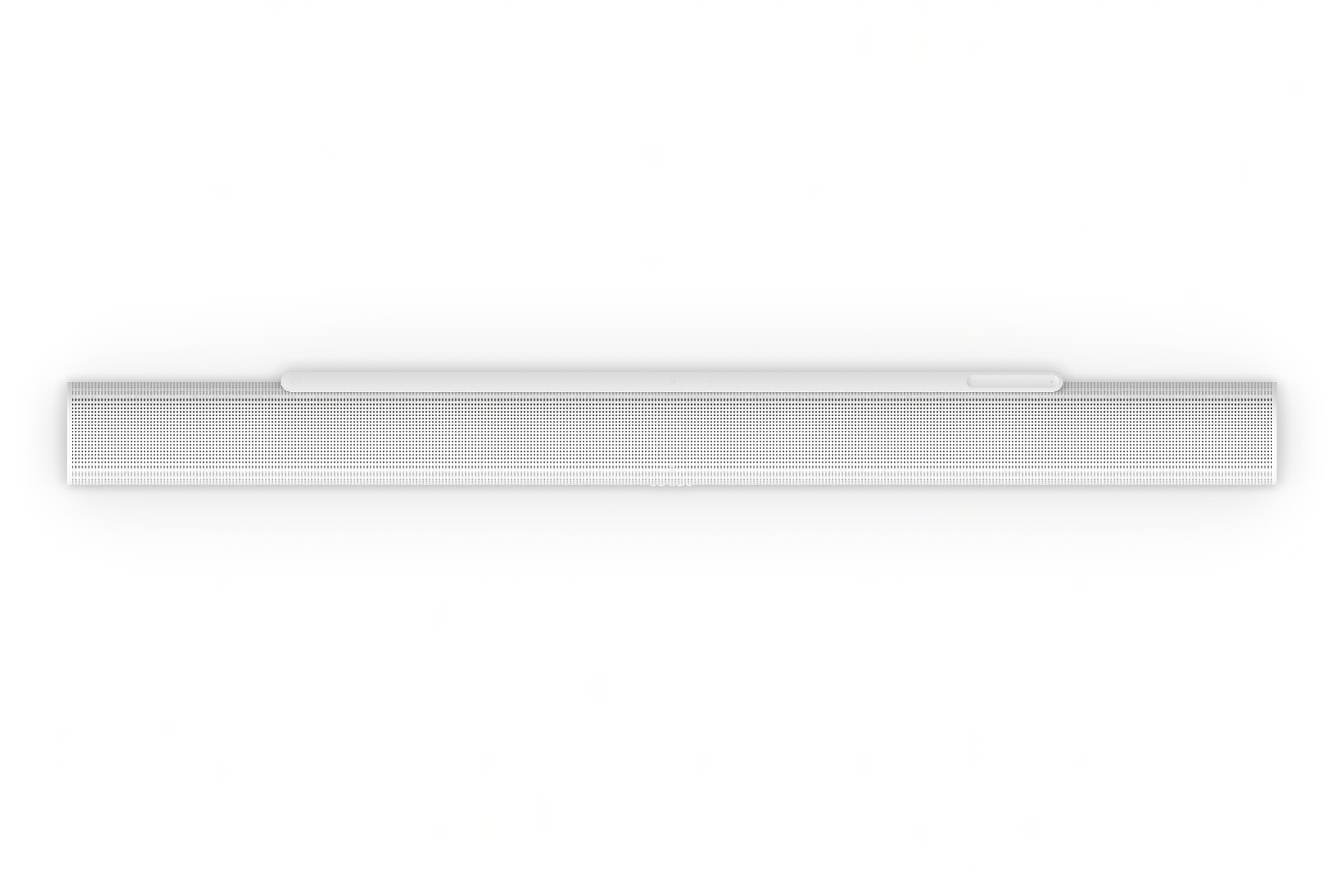 Weiße Soundbar von oben auf weißem Hintergrund. Zeigt die Oberseite des Geräts.