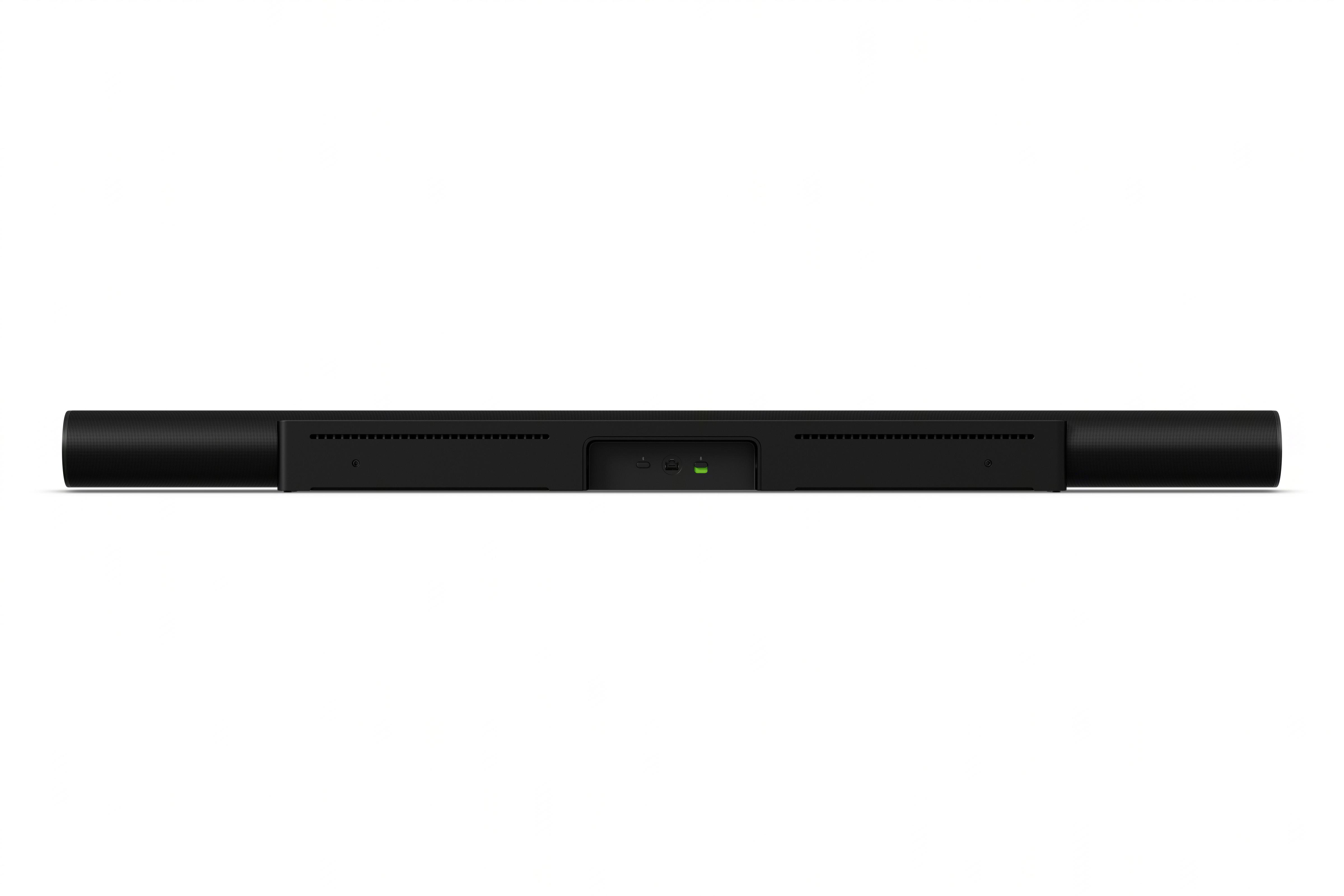 Eine schwarze Soundbar mit ein paar Knöpfen auf der Rückseite.