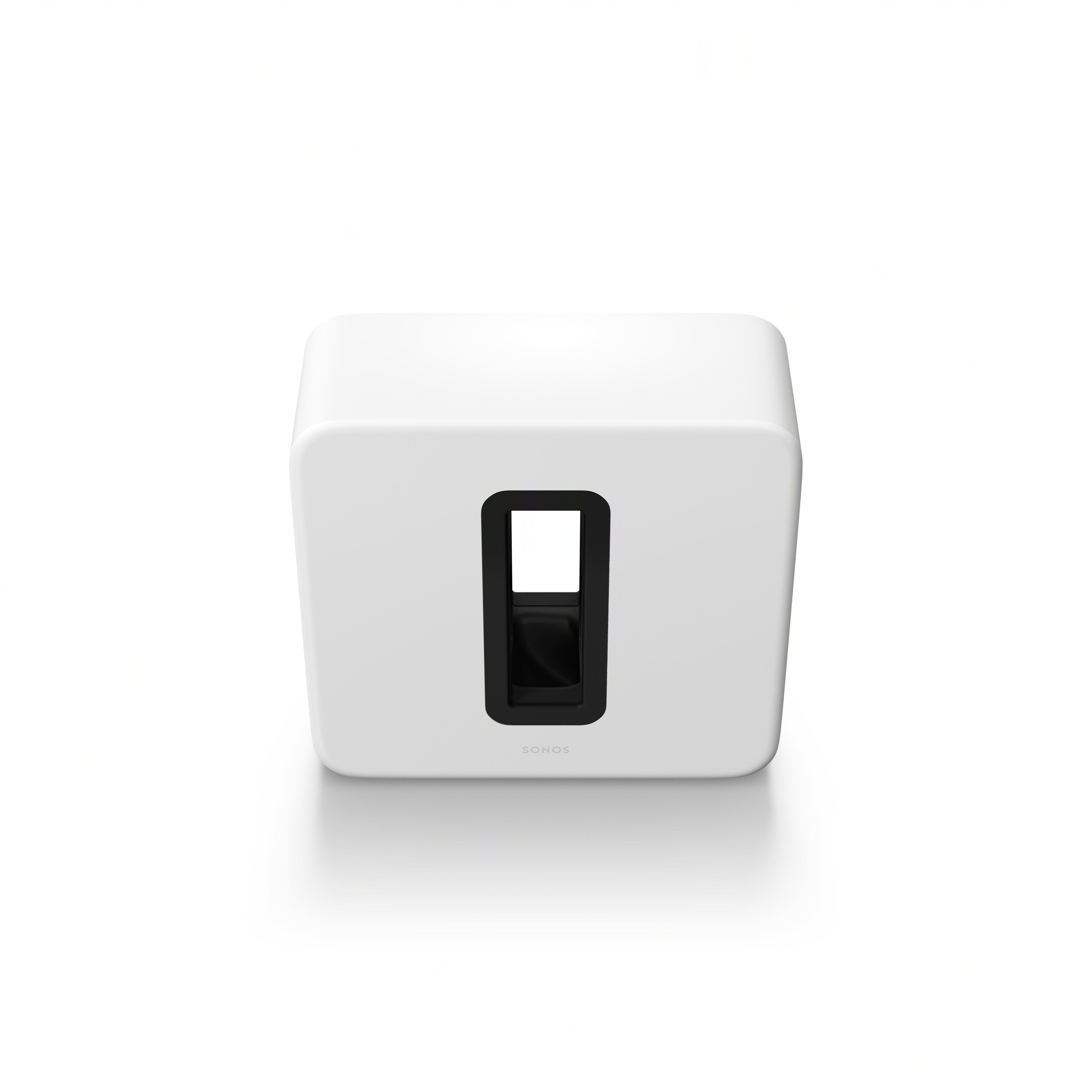 Weißer Sonos Subwoofer, Vorderansicht. Schwarzer rechteckiger Lautsprecheranschluss mittig.
