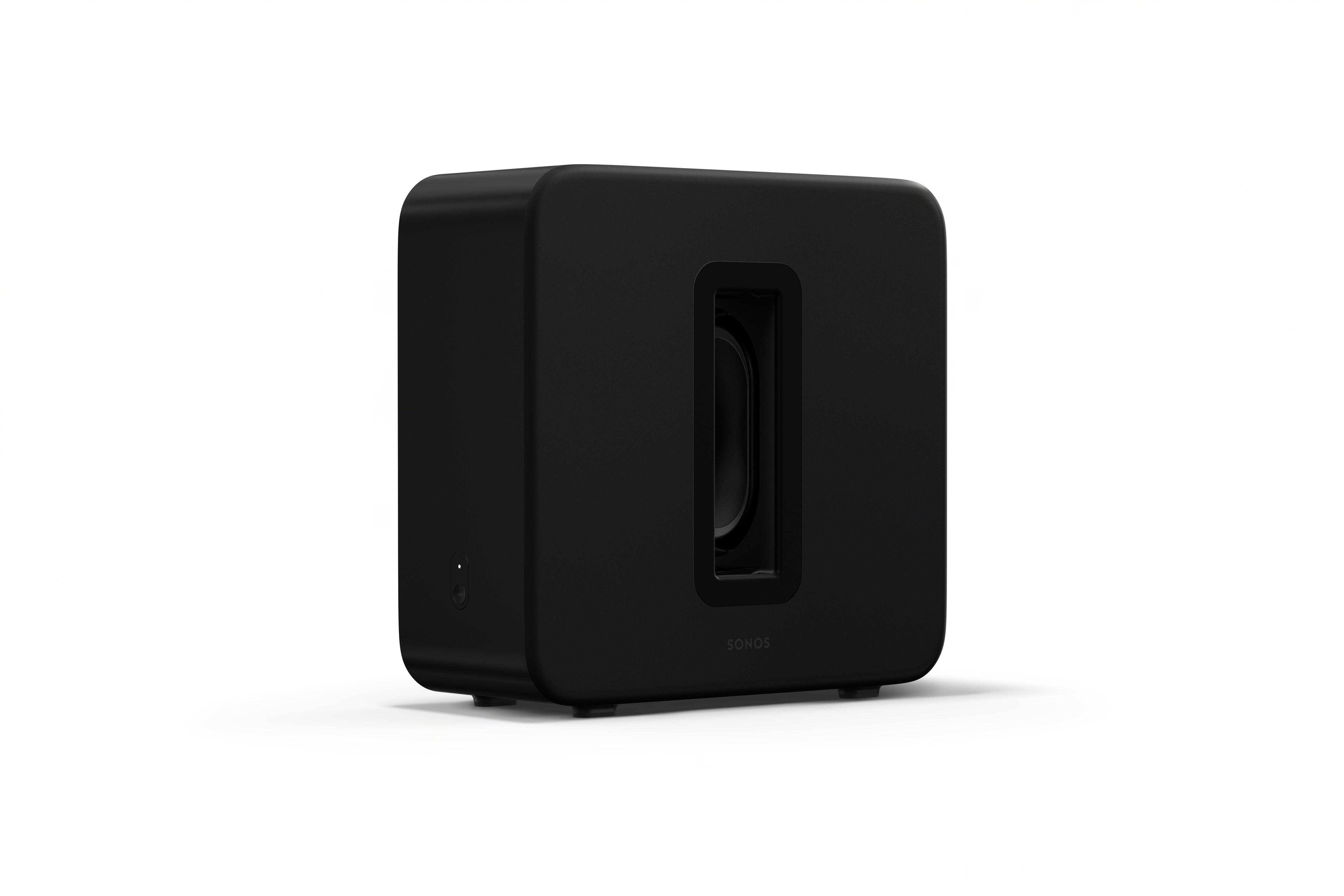 Ein schwarzer Subwoofer-Lautsprecher mit einer zentralen Öffnung.