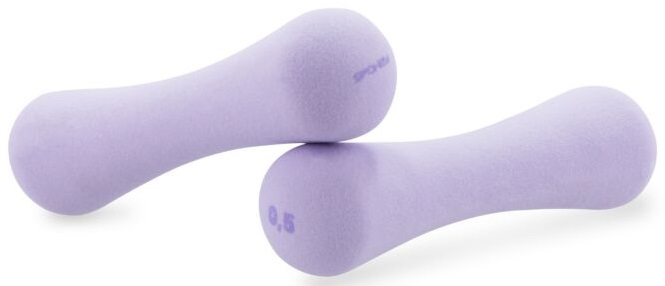 Dwie lawendowe hantle, leżące obok siebie, z wagą '0,5' na jednej.