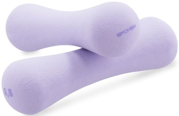 Dwie fioletowe hantle leżą na białej powierzchni. Waga oznaczona jest 0,5.