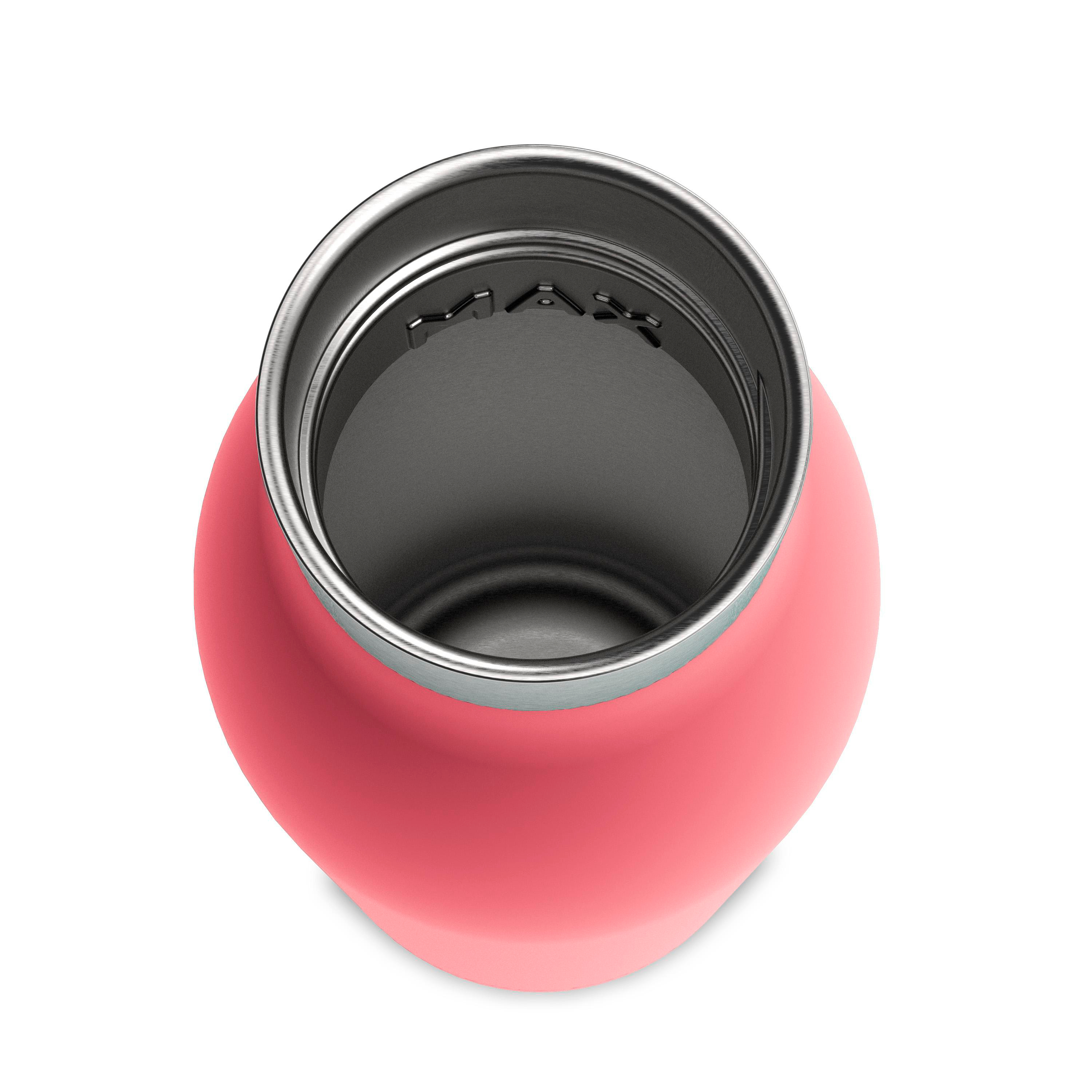 Draufsicht auf eine rosa Wasserflasche mit Edelstahlrand.