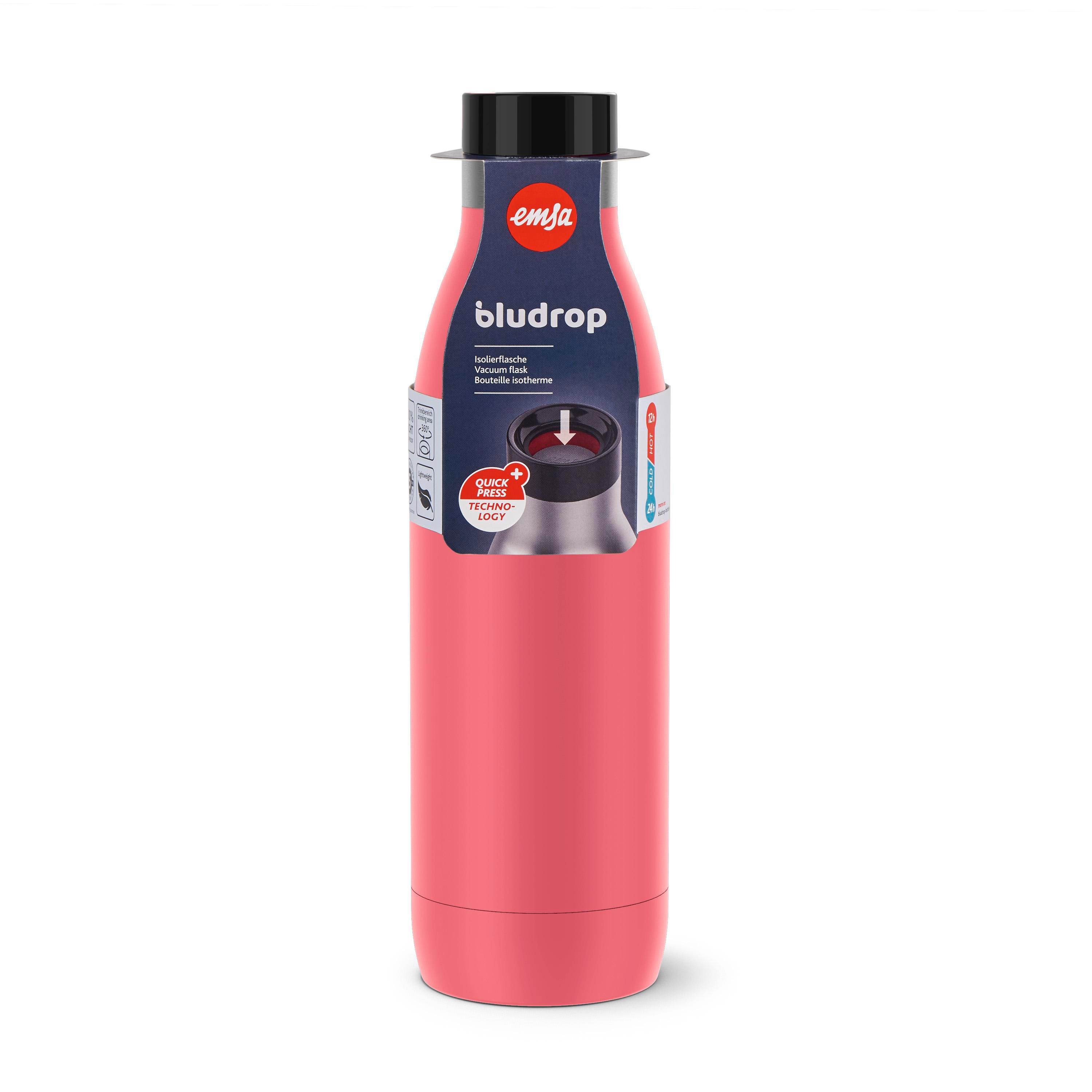 Rosa Wasserflasche mit schwarzem Deckel. Das Etikett lautet 'bludrop' und hat eine Schnellverschlussfunktion.