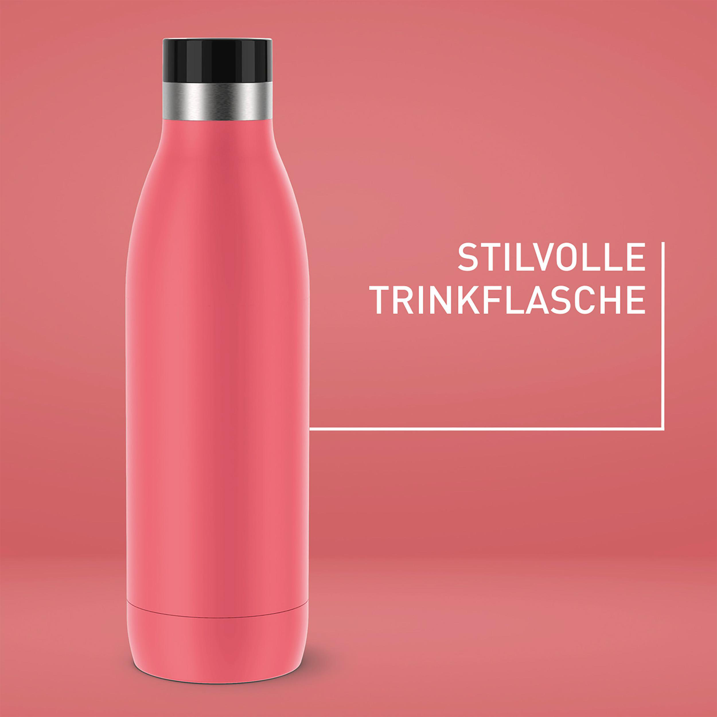 Eine rosa Wasserflasche mit schwarzem Deckel, mit dem Text „STILVOLLE TRINKFLASCHE“ auf rosa Hintergrund.