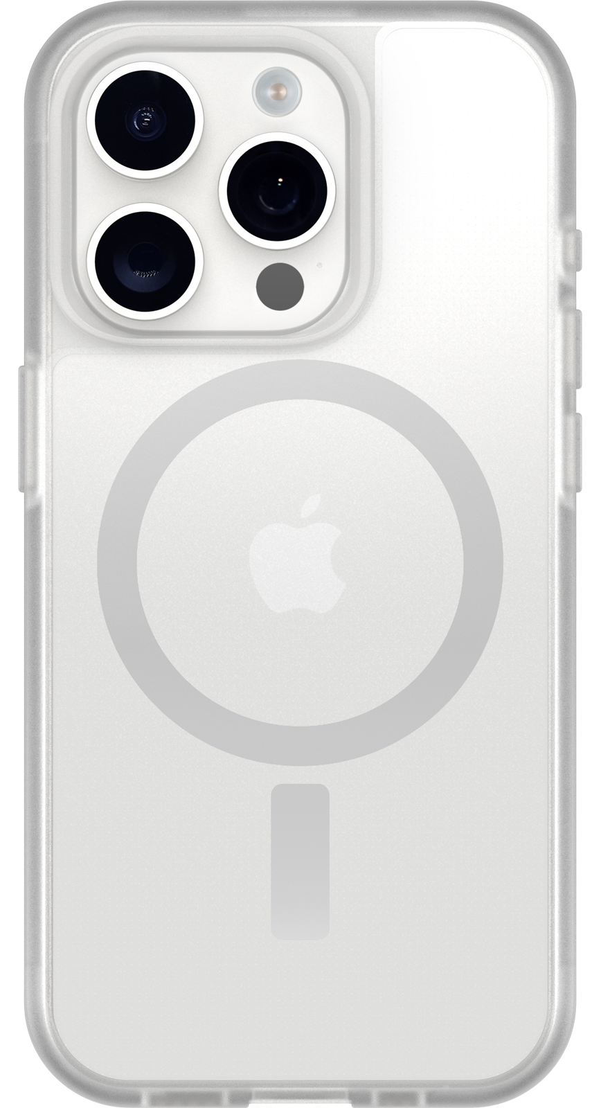 Átlátszó iPhone tok fehér Apple logóval és kör alakú MagSafe területtel. A kameralencsék láthatók.