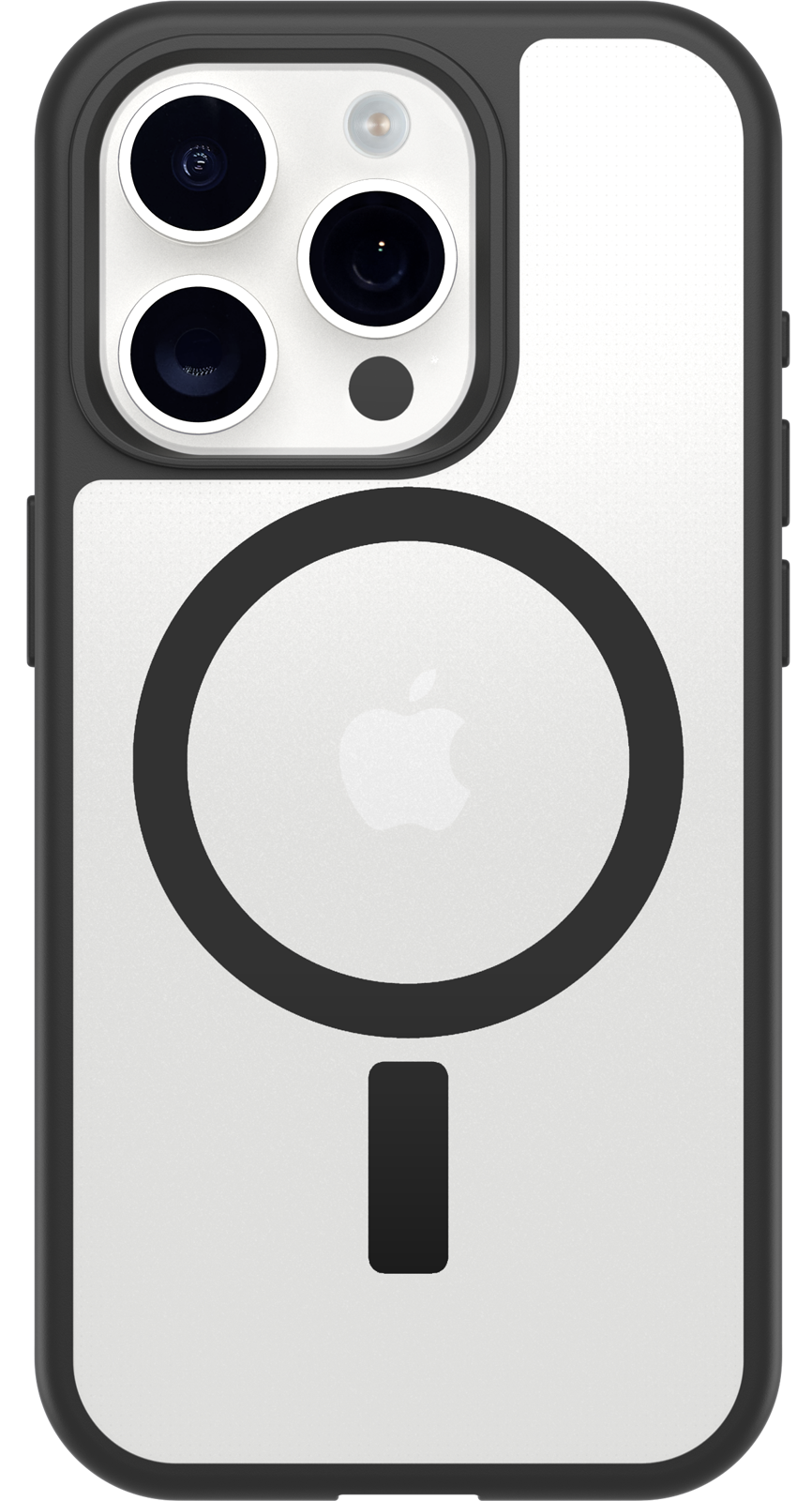 Fekete-fehér telefontok, fekete körrel és fehér Apple logóval.