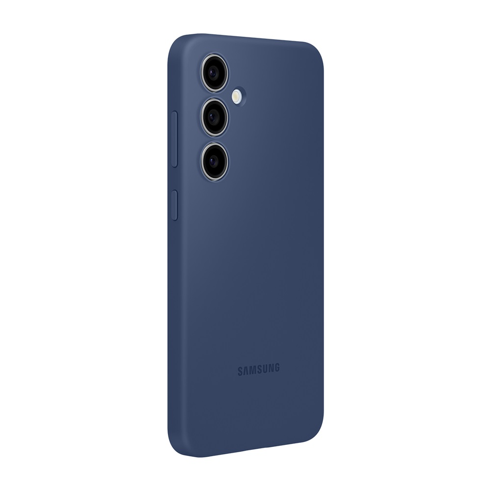 Üç arka kamerası ve alt kısımda Samsung yazısı olan koyu mavi bir telefon.