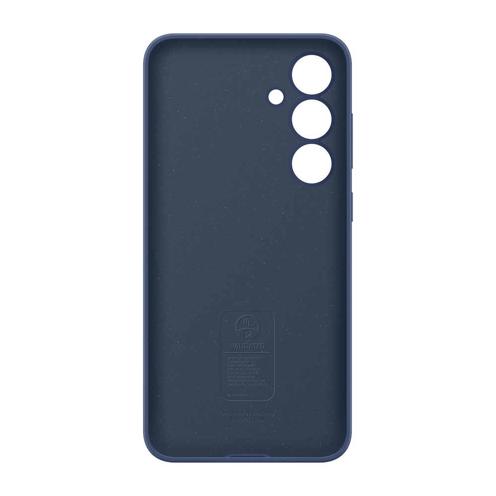 Koyu mavi telefon kılıfı, içten görünüm, üç kamera deliği ve bir etiketle.