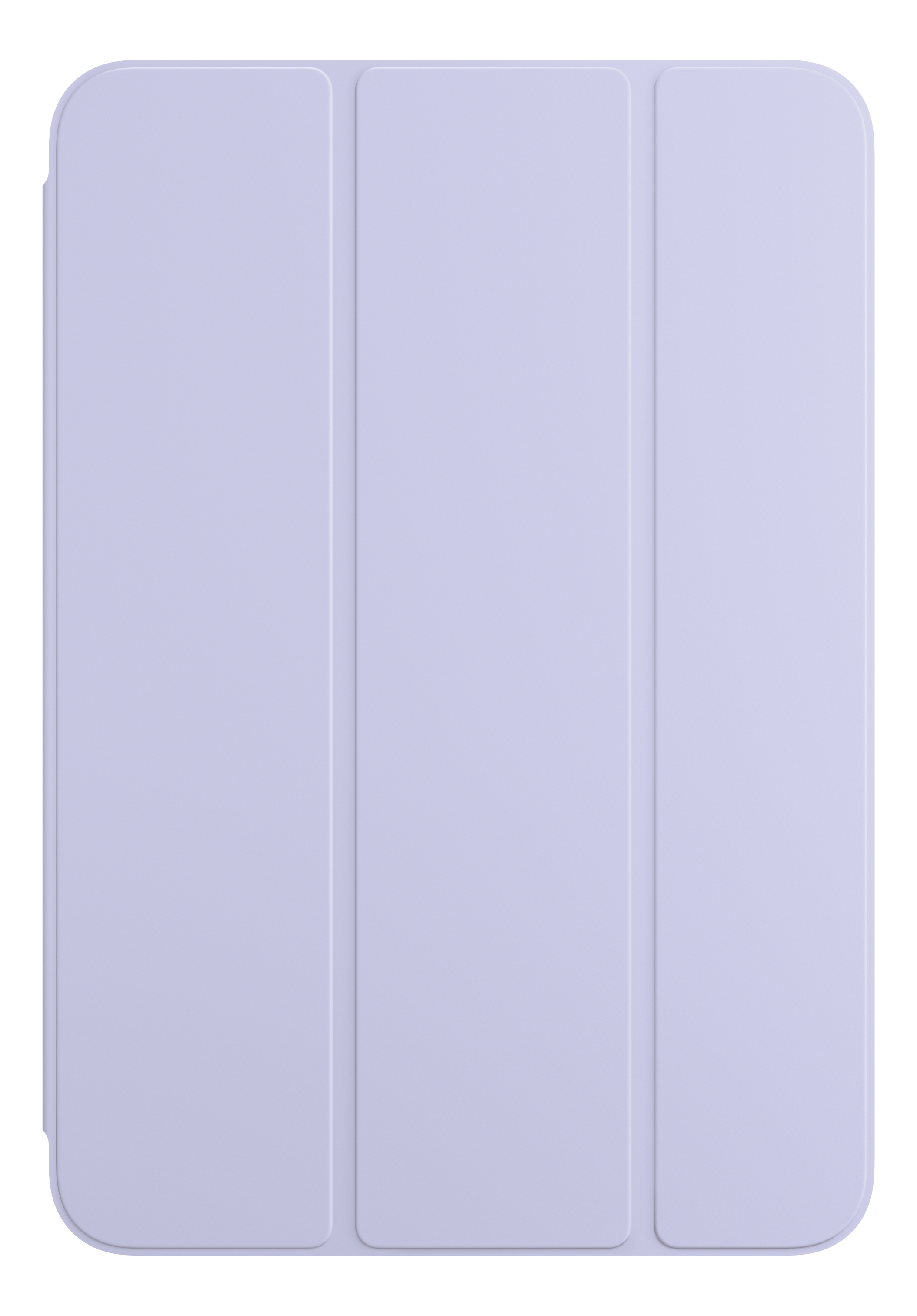 Eine hellviolette iPad-Hülle, zusammengeklappt. Sie hat drei vertikale Paneele und ein glattes, mattes Finish.