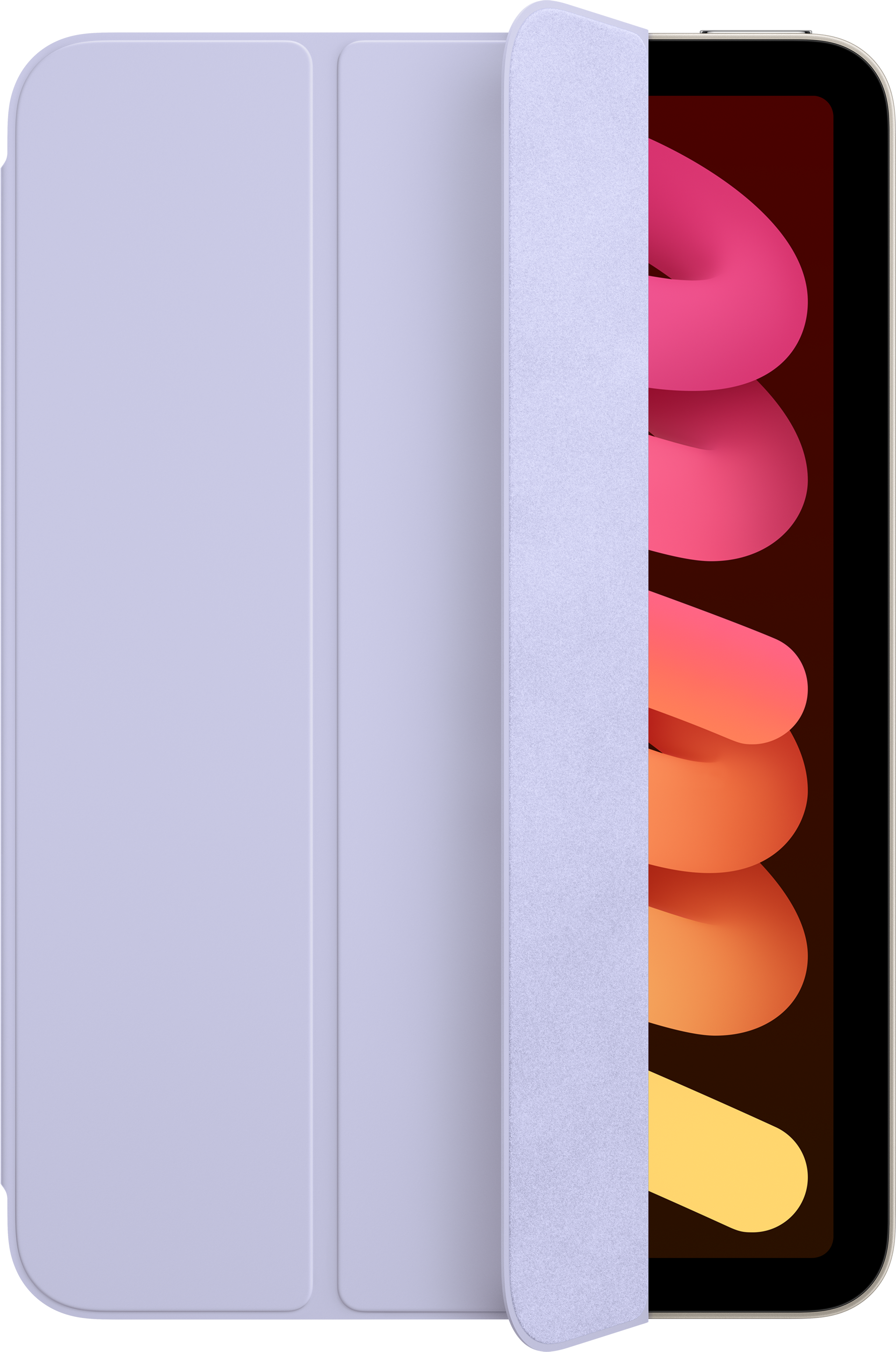 Ein lila iPad mini mit einer lavendelfarbenen Hülle, das den Bildschirm mit bunten Formen zeigt.