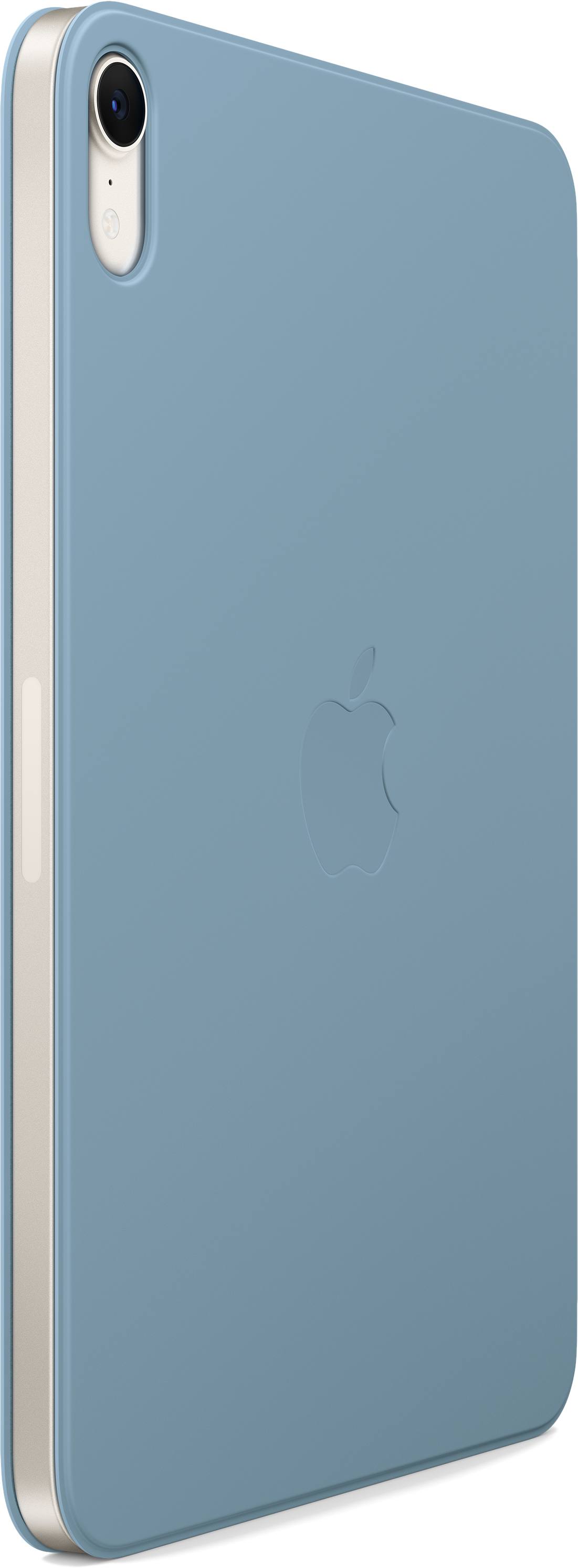 Blaues iPad mini mit Seitenansicht. Das iPad hat das Apple-Logo auf der Rückseite und ist in einer Hülle.