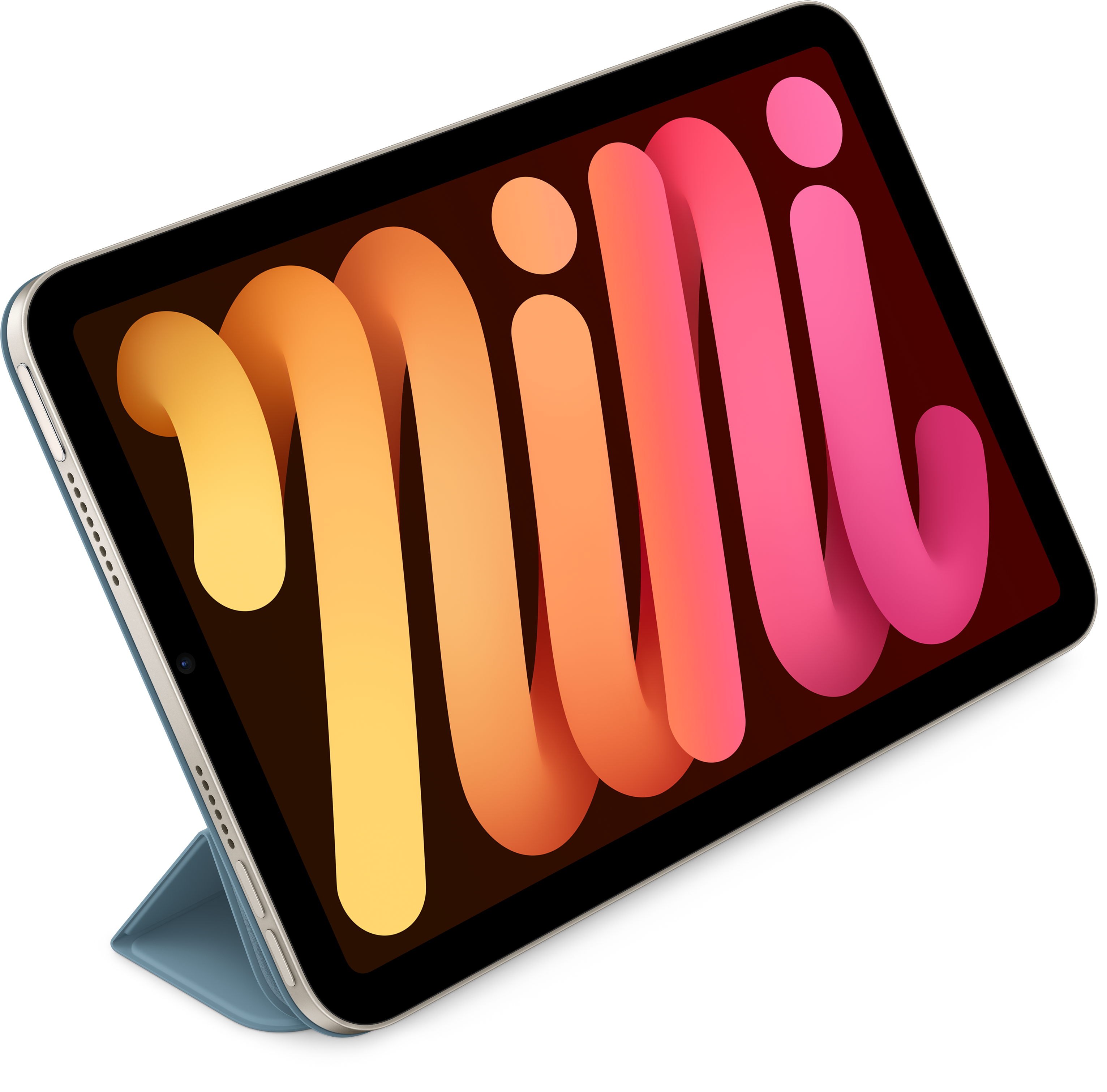 Tablet mit farbenfrohem Display, hochgestellt. Der Bildschirm zeigt Orange, Rosa und Gelb.