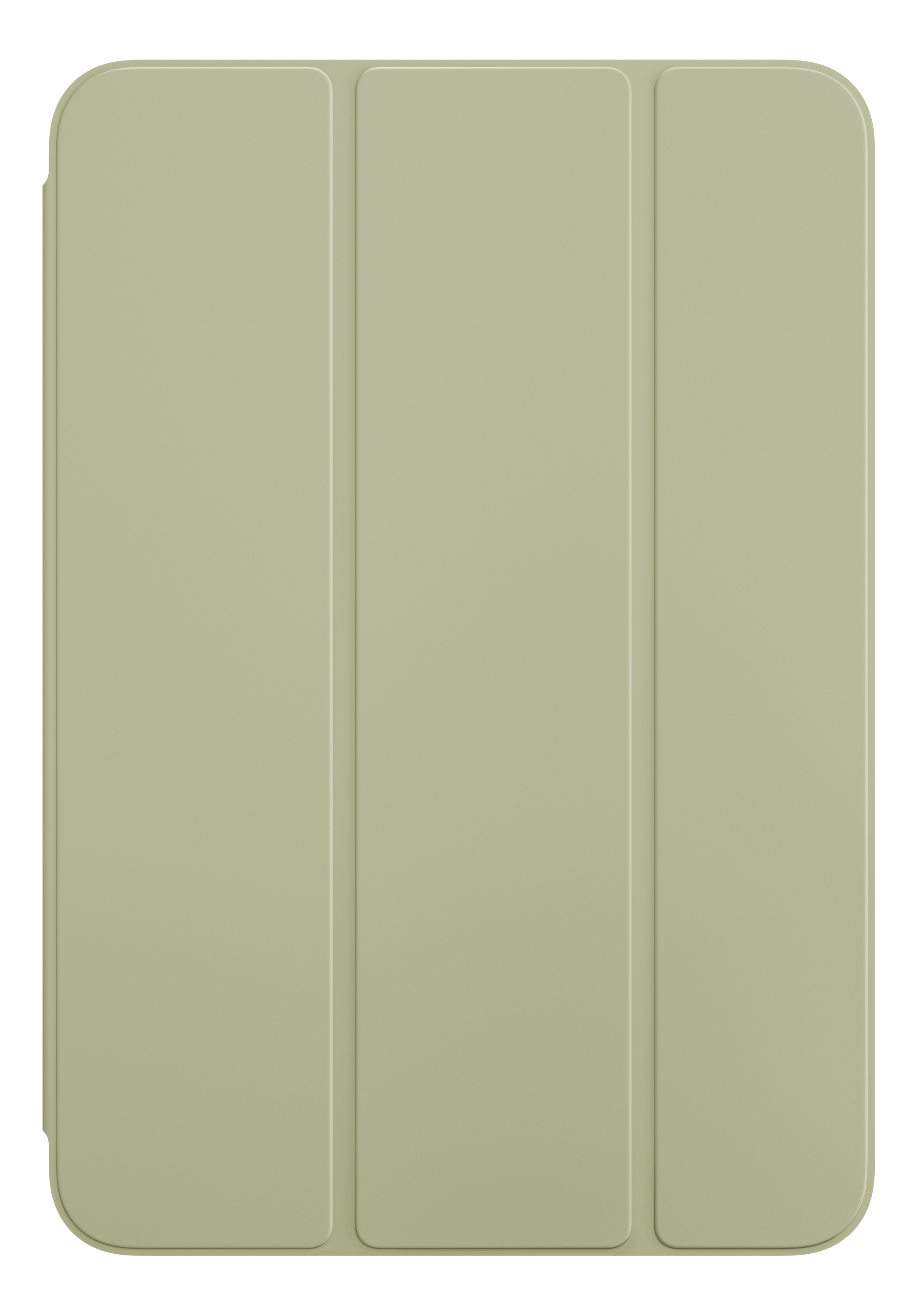 Une housse iPad verte, fermée. Elle a trois plis verticaux et un design épuré.