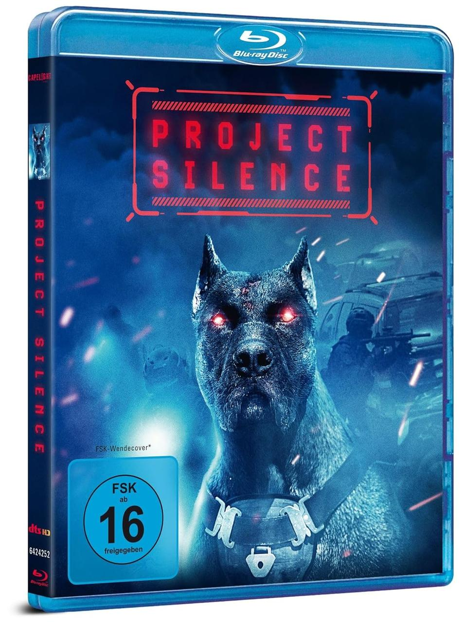 Blu-ray-Filmcover. Hund mit roten Augen. Titel: PROJECT SILENCE. Blu-ray-Logo. Dunkelblauer Hintergrund.
