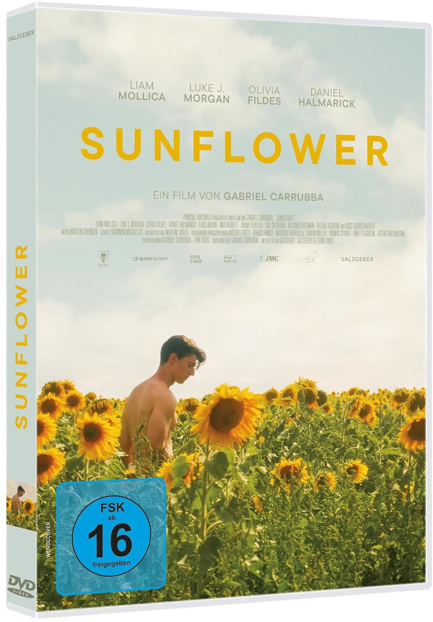DVD-Hülle. Filmtitel: SUNFLOWER. Mann in Sonnenblumenfeld. Himmelshintergrund. Schauspielernamen oben.