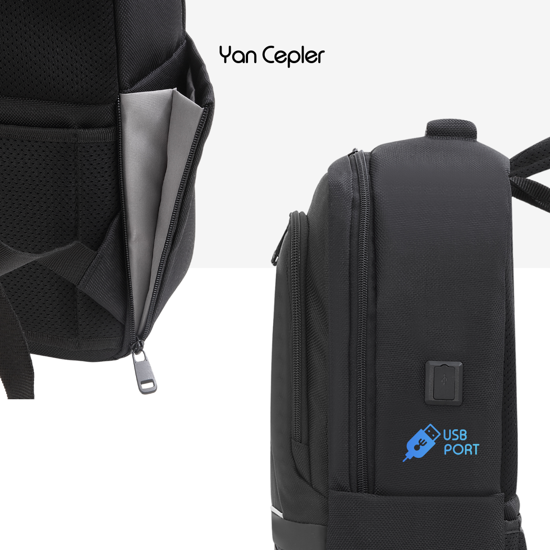 Yan cepleri ve USB portu olan siyah sırt çantası. Detaylara yakın çekim.