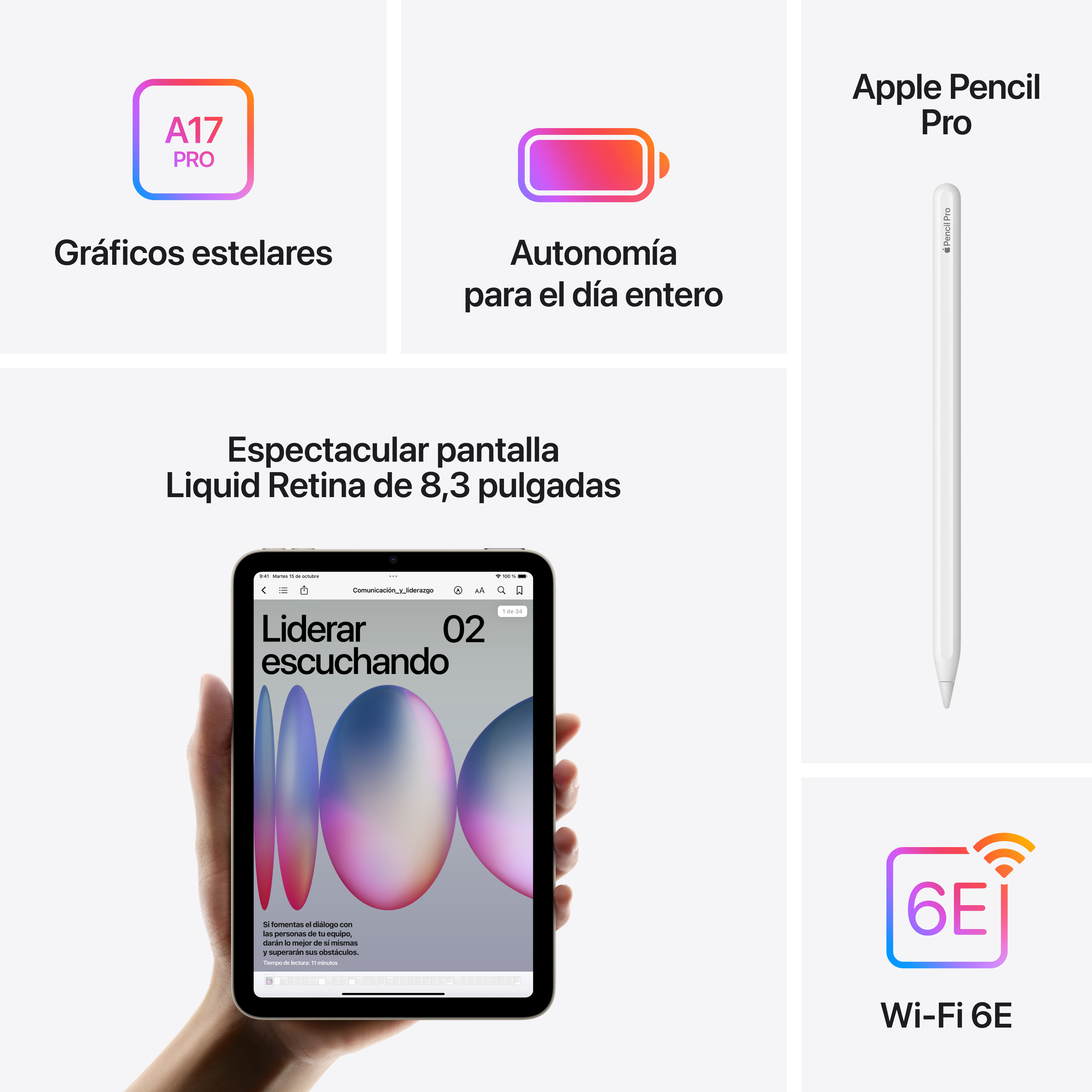 iPad Mini con Apple Pencil e infografías.