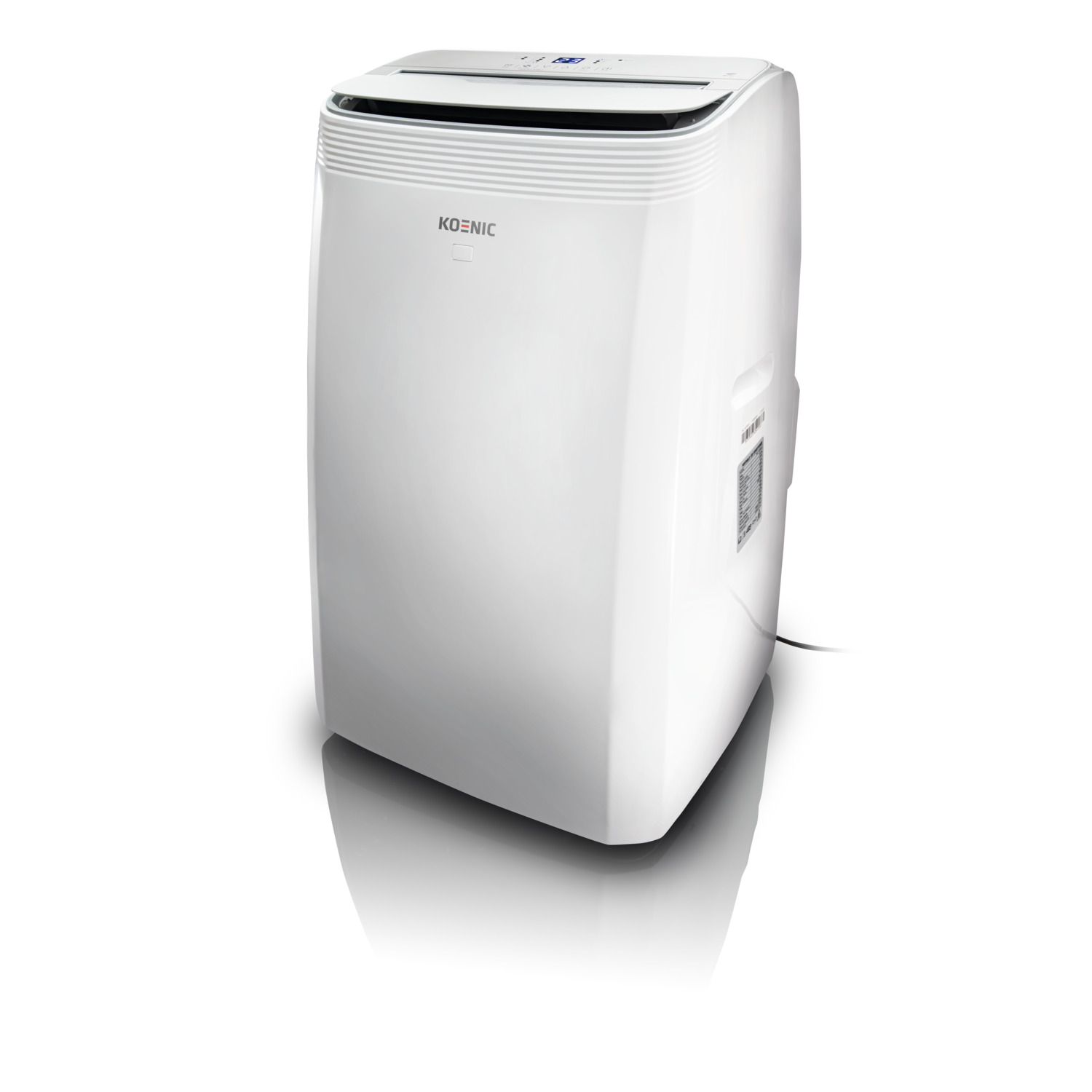 White Koenic air conditioner on white background. The front displays the brand logo.
