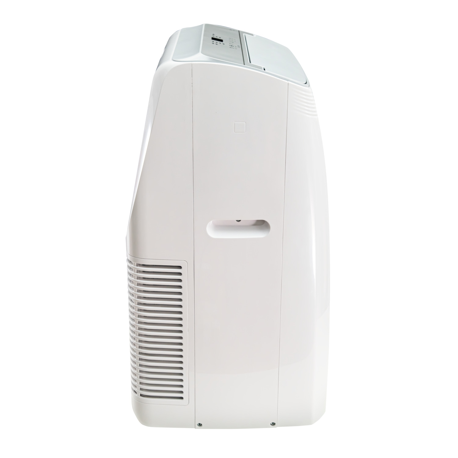 White air conditioner. Side view, with vents and control panel. White background.
