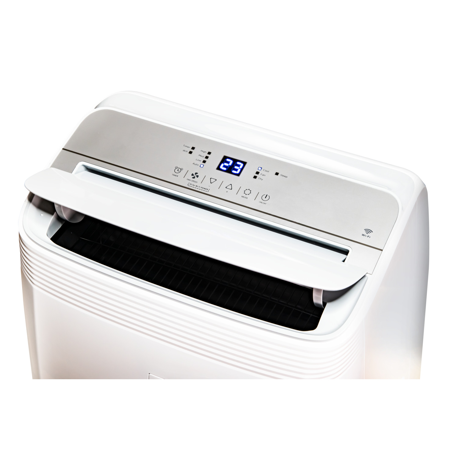 A white air conditioner with a digital display showing '23' and control buttons.
