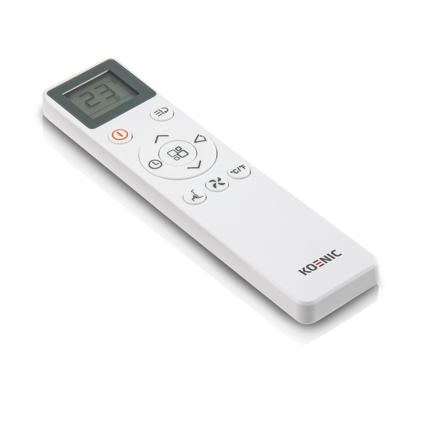 White remote control. Buttons for power, fan, and temperature. Brand: KOENIC. White background.