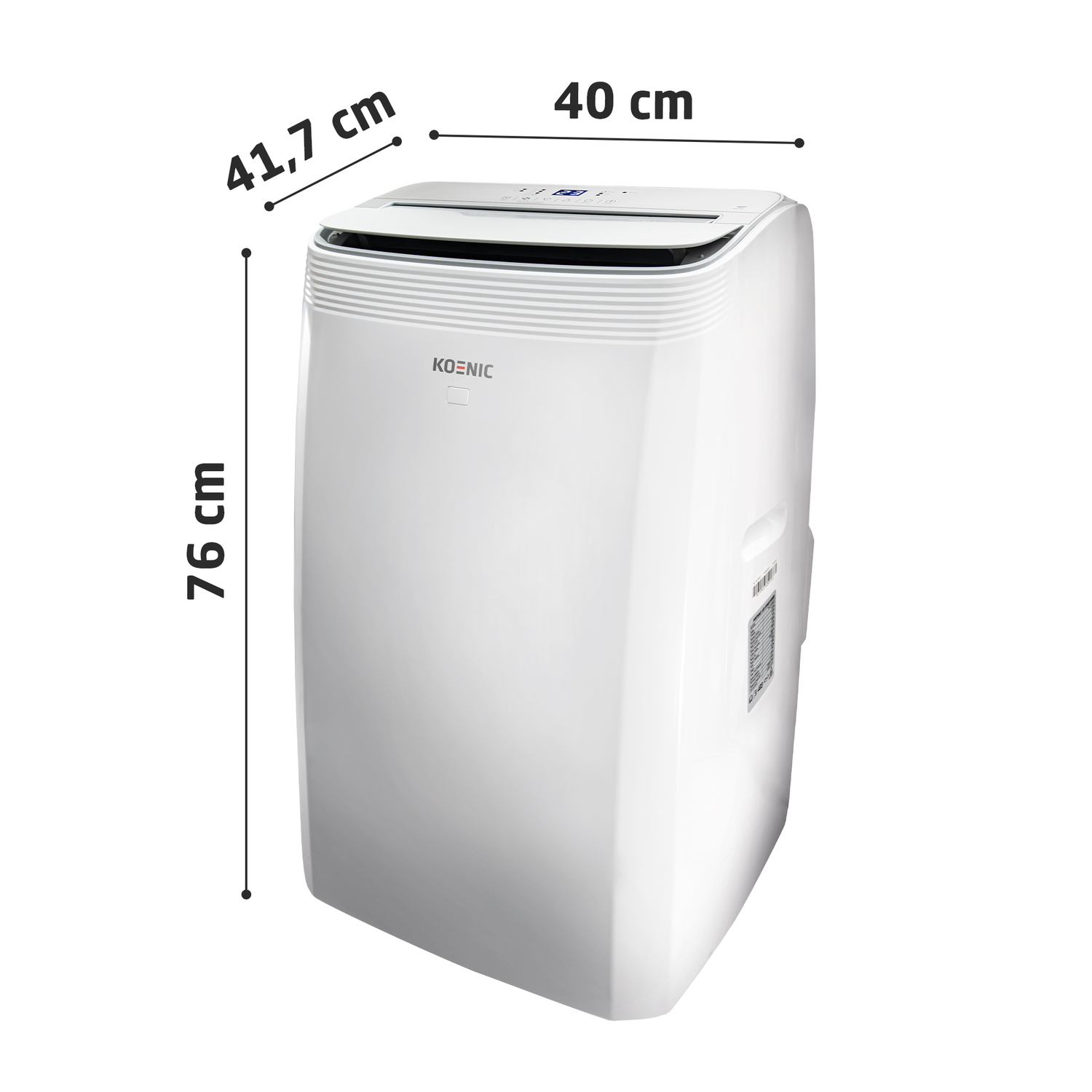 White air conditioner with dimensions labeled.