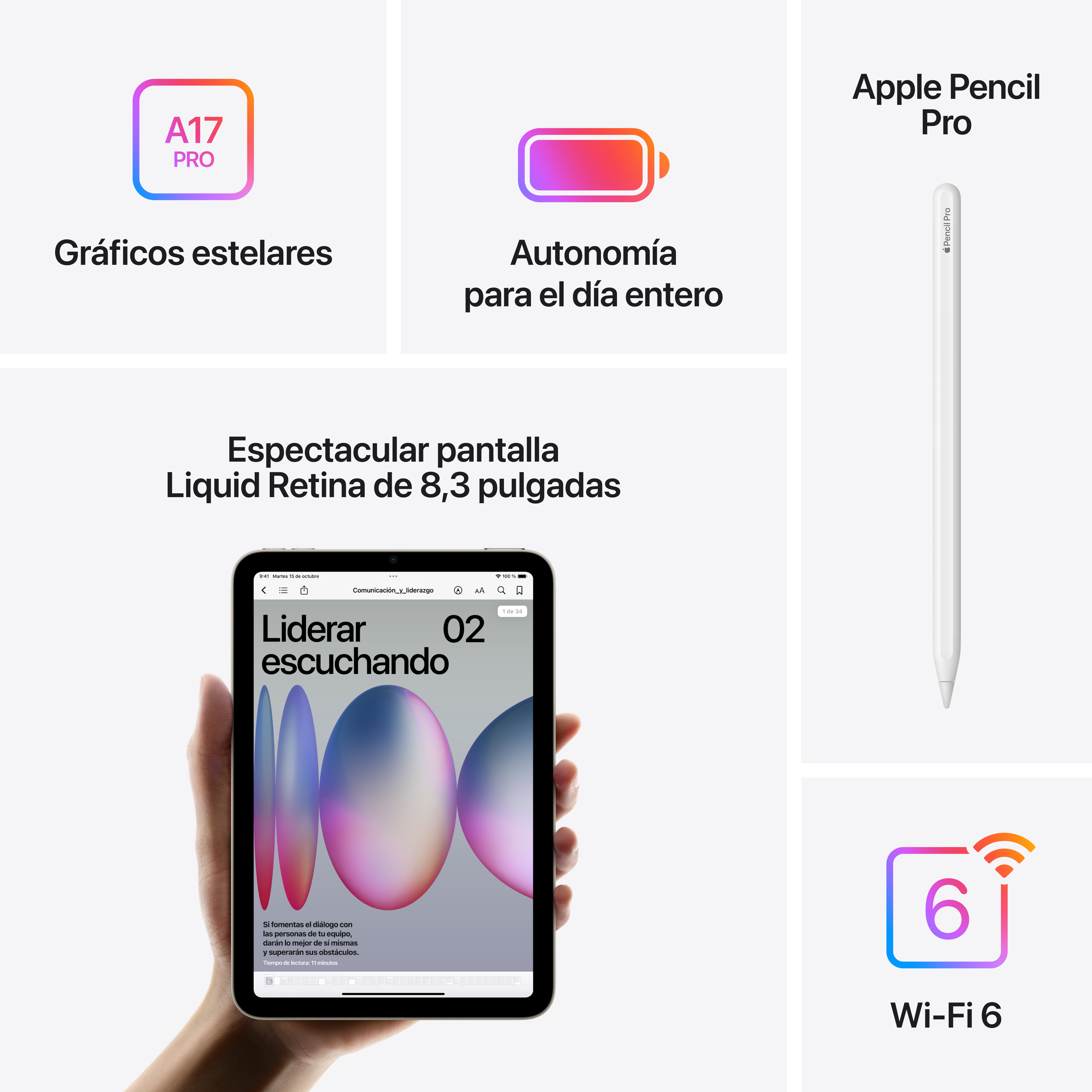 Un iPad mini con Apple Pencil Pro, Wi-Fi 6 y texto sobre características como 'Liquid Retina'.