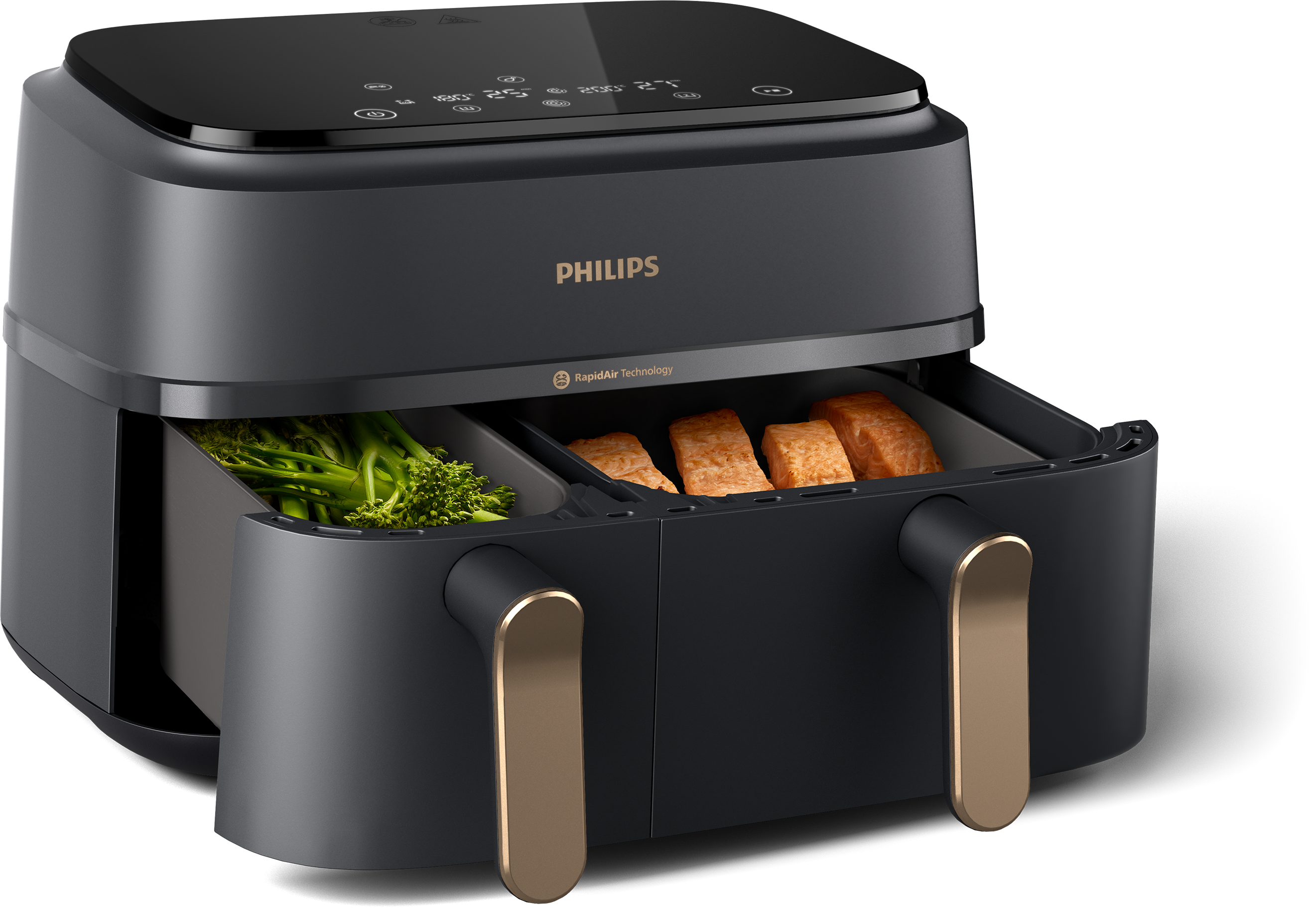 Egy fekete Philips légkeveréses fritőz, két kihúzható rekesszel étellel.