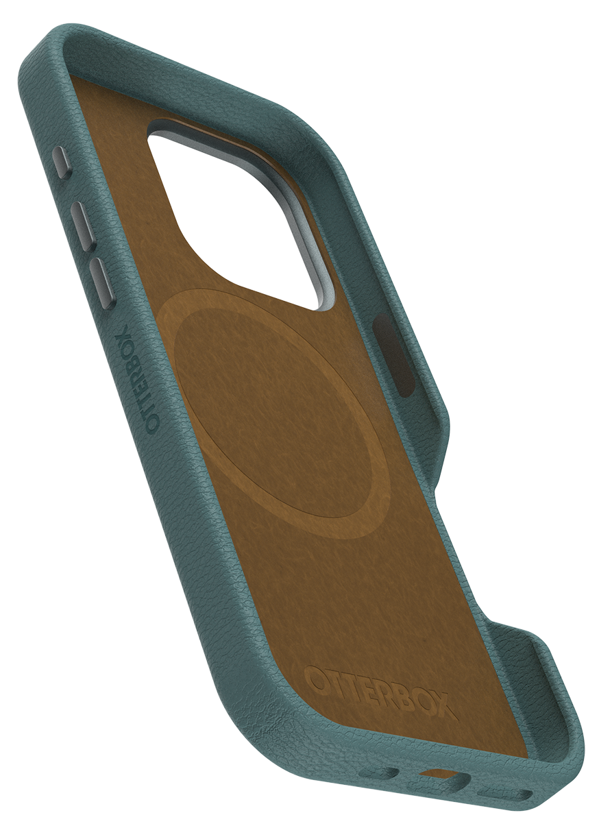 Egy OtterBox telefontok, kék külső, barna belsővel, a belső szerkezetet mutatva.