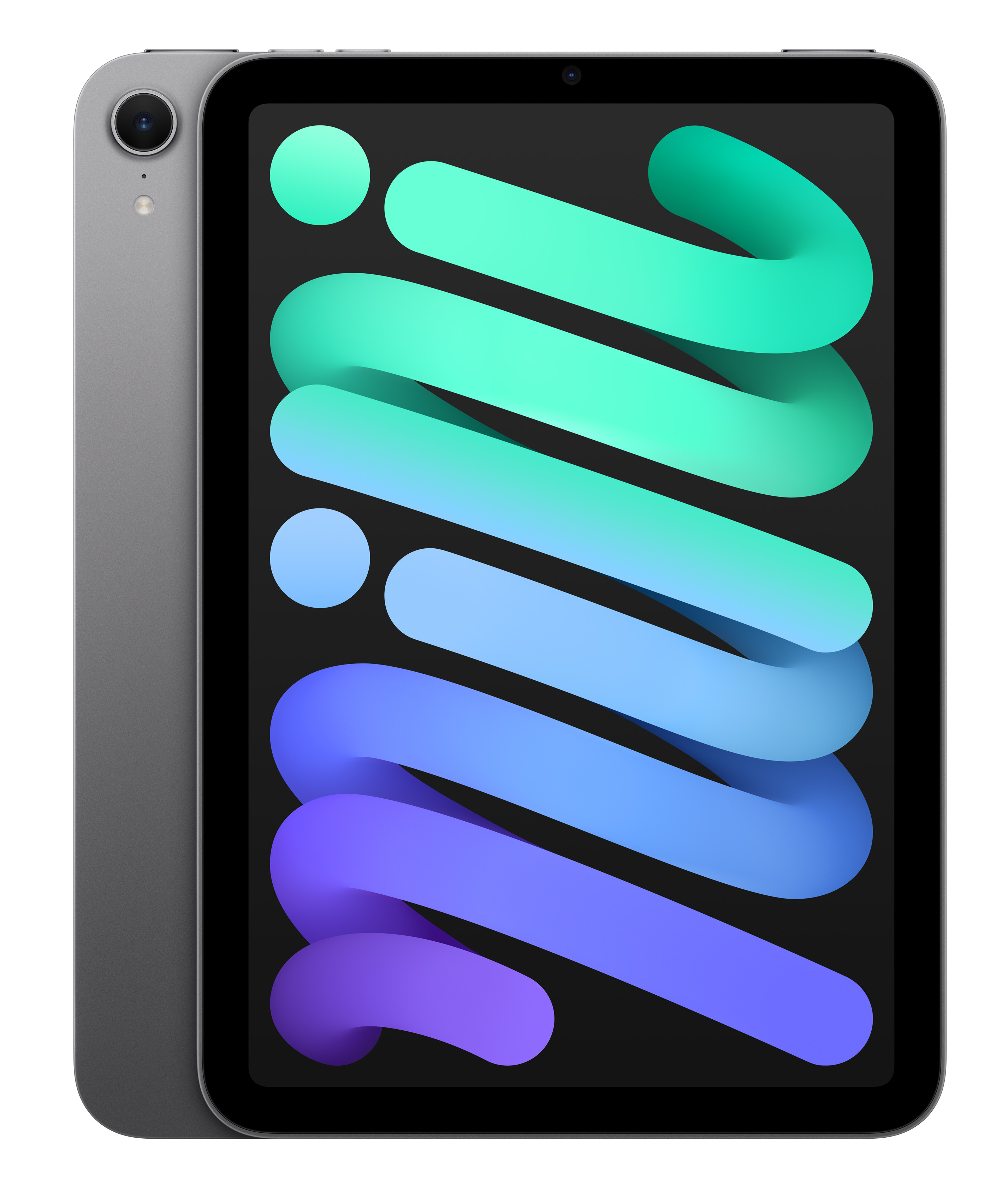 Szary tablet z kolorowym ekranem przedstawiającym zielone, niebieskie i fioletowe fale, widok z trzech czwartych.