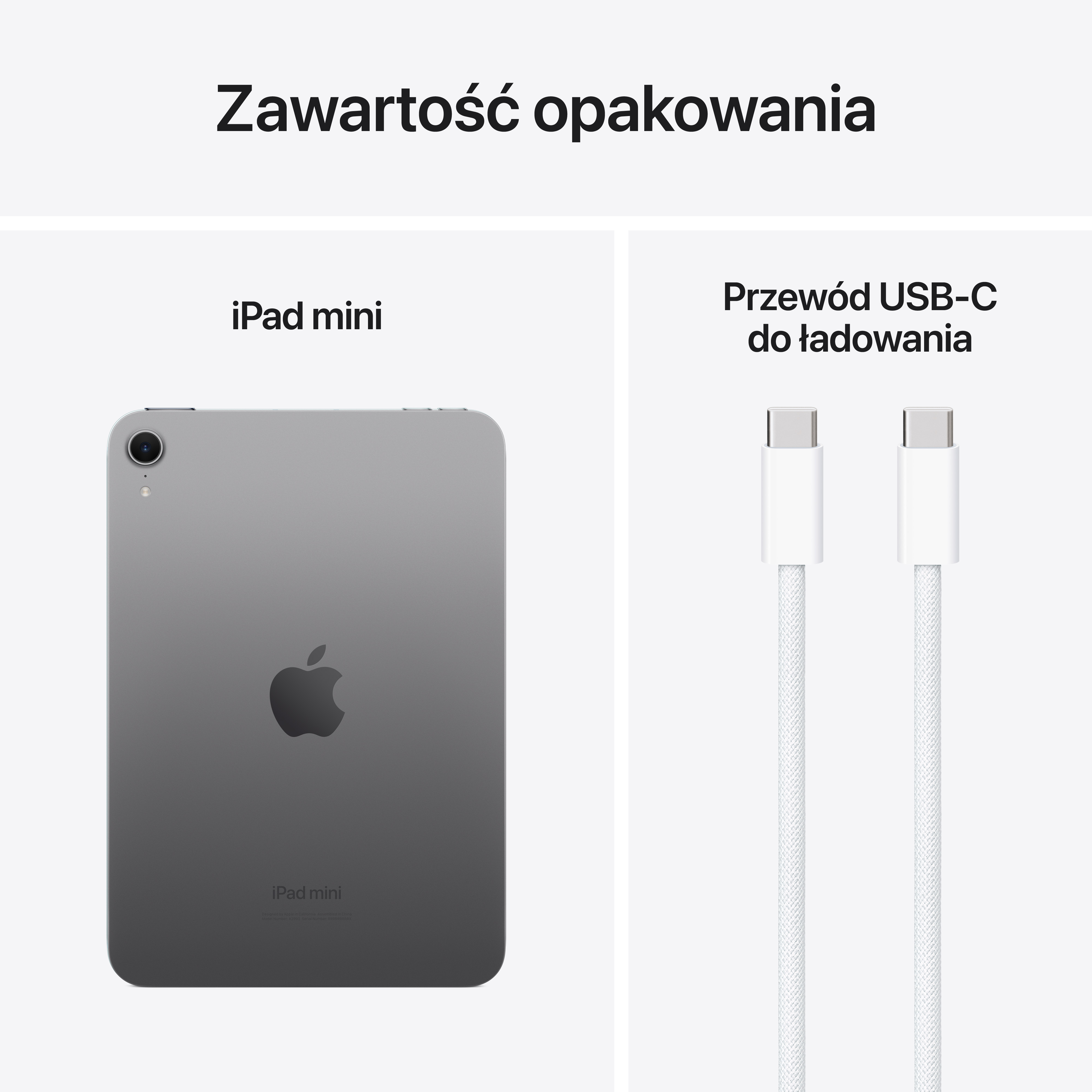 iPad mini i biały kabel ładujący. Tekst jest po polsku i wskazuje zawartość opakowania.