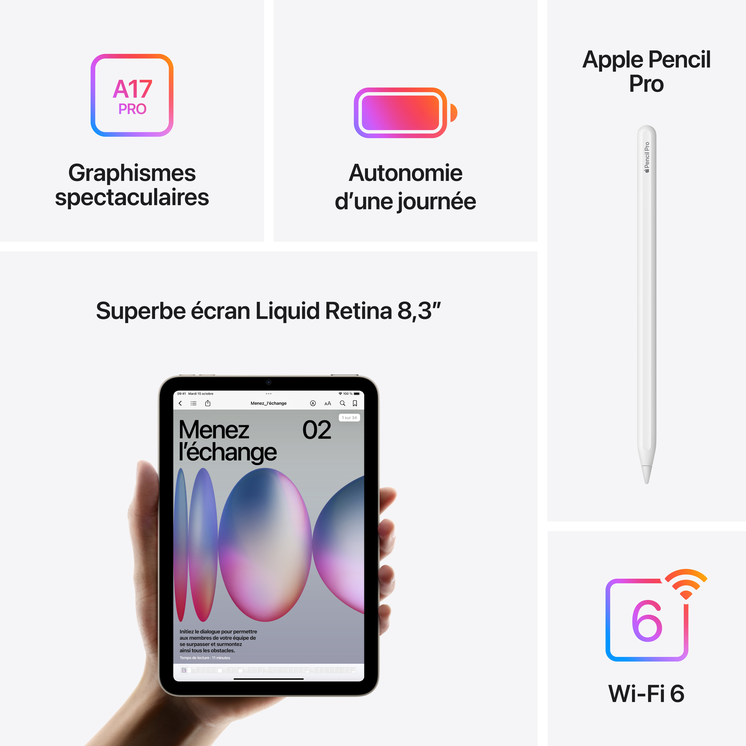 iPad avec texte sur graphiques, batterie, Liquid Retina et Wi-Fi 6.