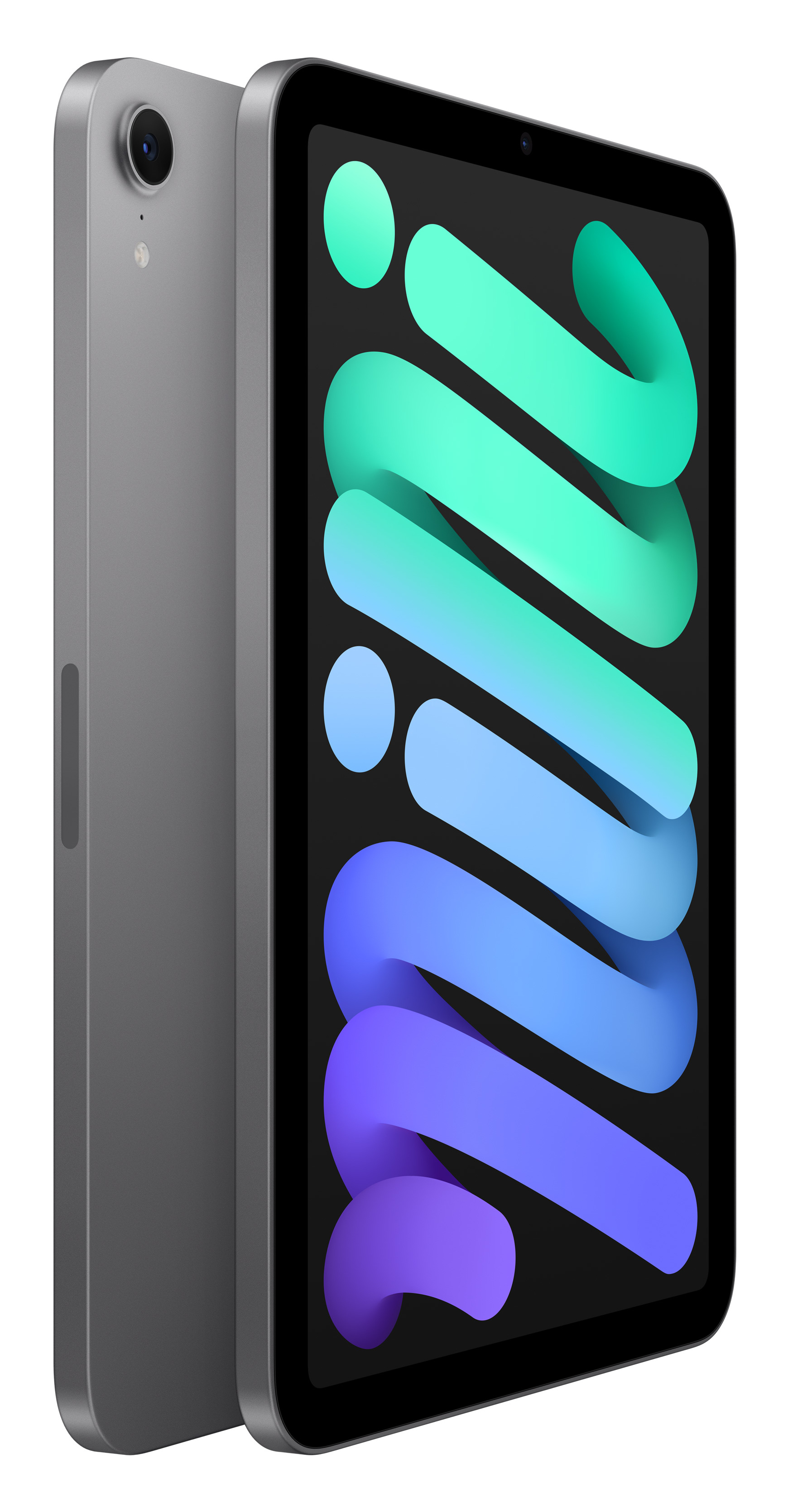 Szary iPad mini w widoku z trzech czwartych, pokazujący ekran i profil boczny.