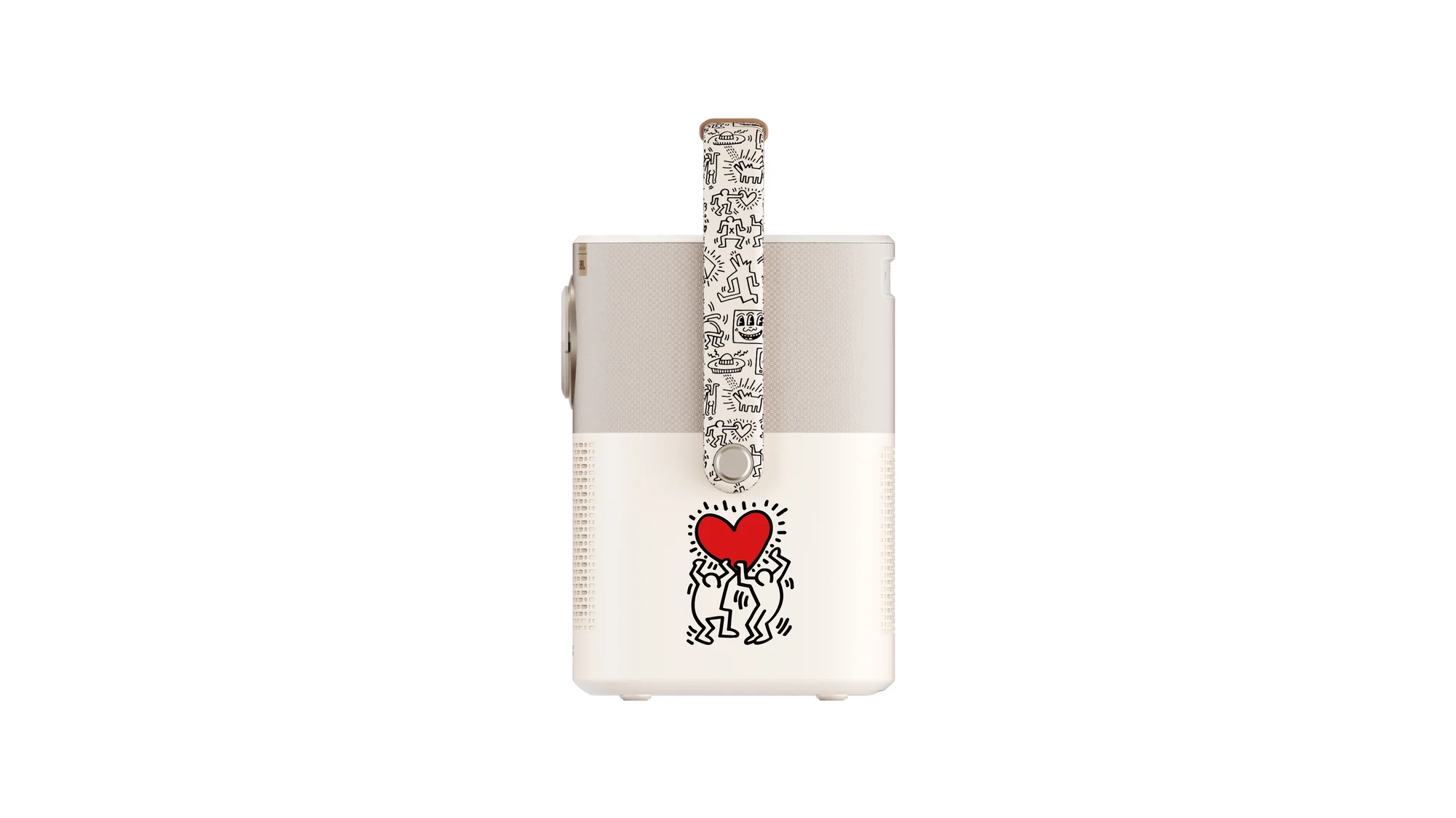Ein weißer tragbarer Projektor mit Keith Haring Designgriff und einem Keith Haring Kunstwerk vorne.